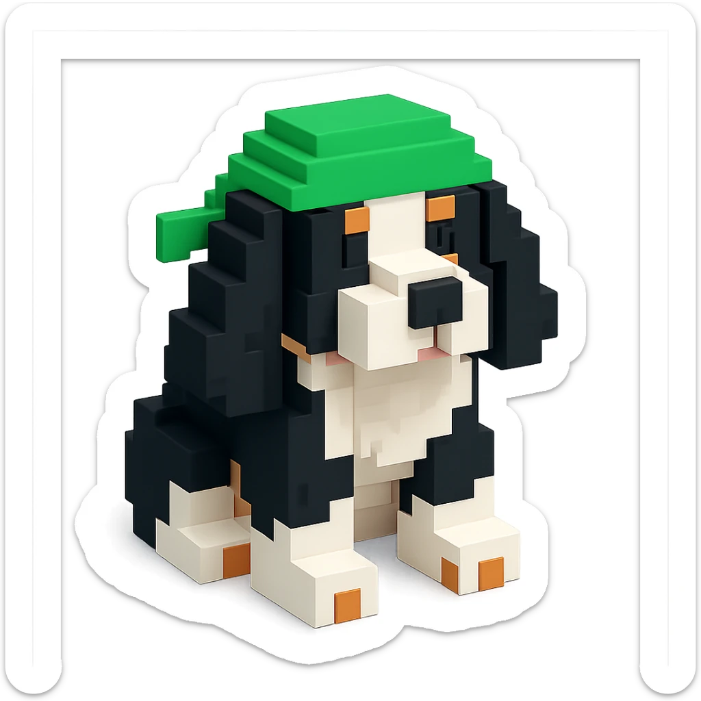A black and white Russian Cocker Spaniel puppy wearing a green durag, voxel style, sitting sticker