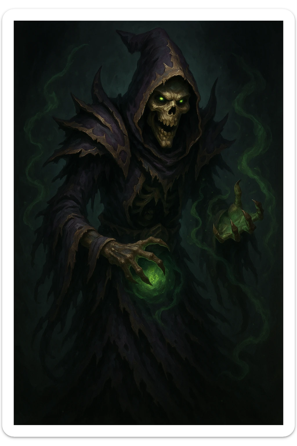 undead mage, World of Warcraft fantasy, tattered robes, magical aura, skull face sticker