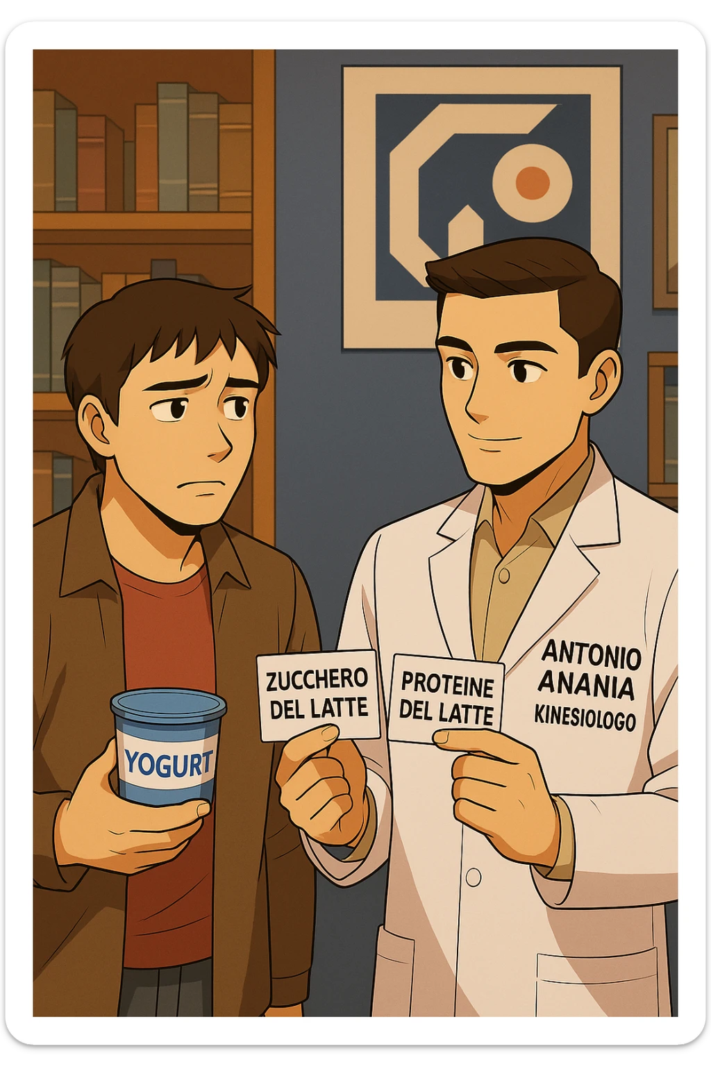 fai un webtoon manga a colori con questo stile, in cui un uomo ASCOLTA Il kinesiologo con il camice bianco (fagli anche la scritta "ANTONIO ANANIA" SUL CAMICE, IL KINESIOLOGO SPIEGA ALL'UOMO UNA COSA TENENDO DUE FOGLIETTINI IN MANO, UNO CON LA SCRITTA "ZUCCHERO DEL LATTE" E UNA CON LA SCRITTA "PROTEINE DEL LATTE". L'UOMO OSSERVA LO YOGURT CHE HA IN MANO CON ESPRESSIONE DUBBIOSA IN VOLTO. non fare i fumetti però, fai solo in modo che sembri stiano parlando sticker