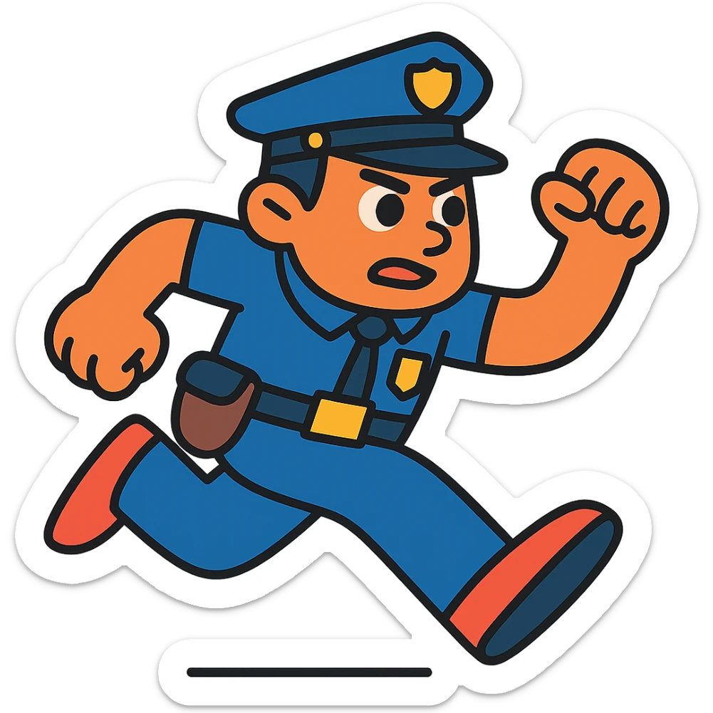 Swap the positions of the right and left foot of the running police officer while maintaining the same lively pose and style, no background. sticker
