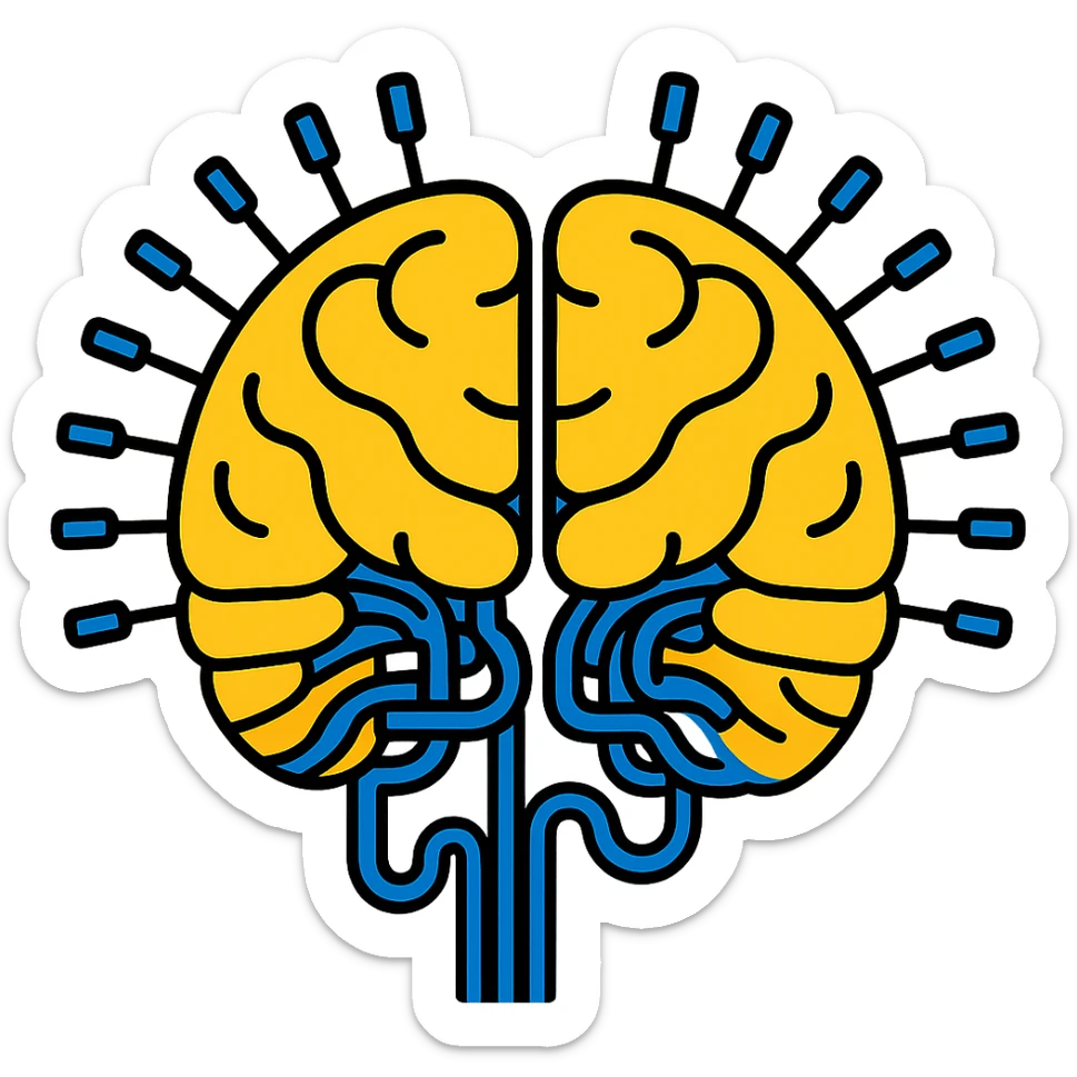 Arrange the AI emoji of brain and circuit fusion to be more colorful and futuristic in atmosphere, with no background. sticker