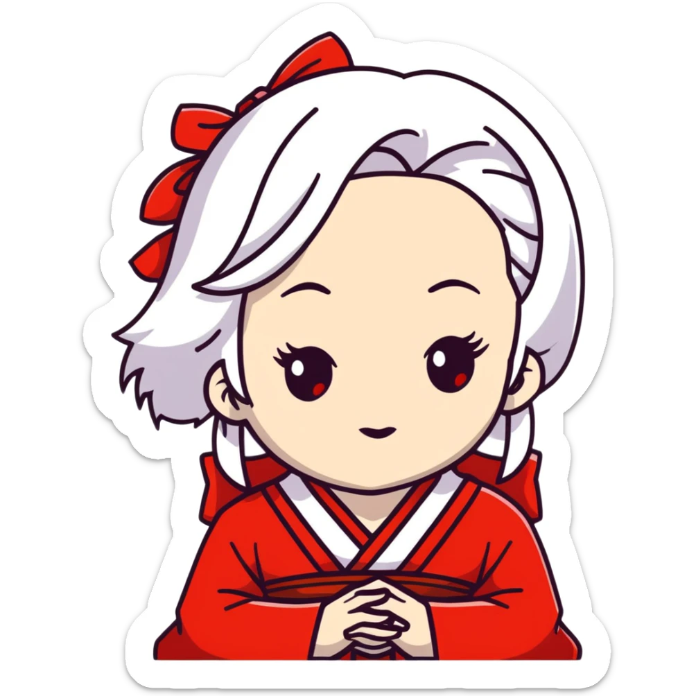 forty year old albino shrine maiden with white hair, red eyes, and pale face sticker