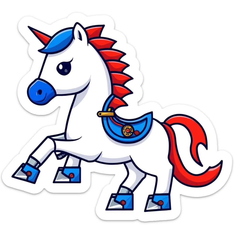 fast electric horse made of electricity, metal plates, bolts, visible blue and red wires, lightning coursing through its body, robotic appearance sticker