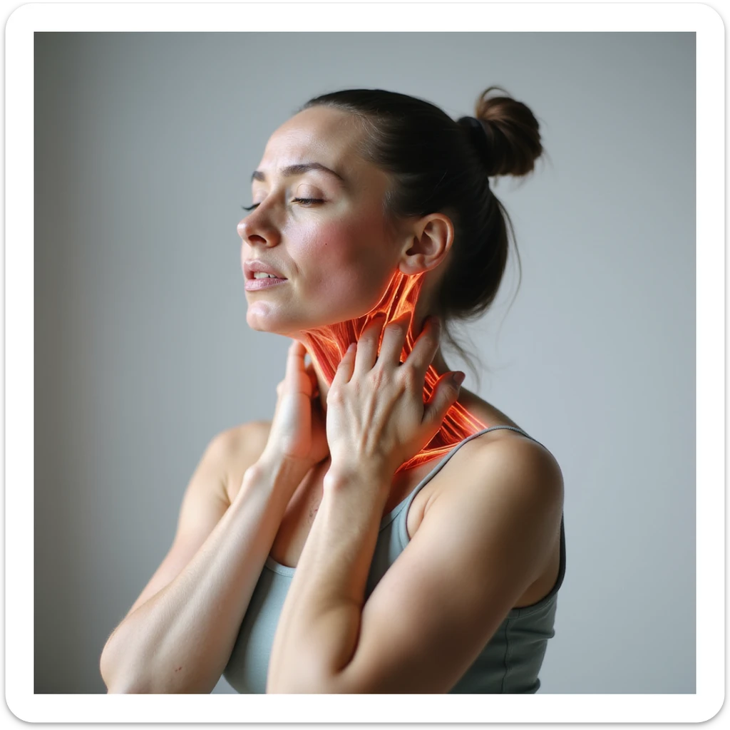 realistic anatomical standing woman with tense neck muscles and cervical contractures, expression of discomfort, neutral background sticker