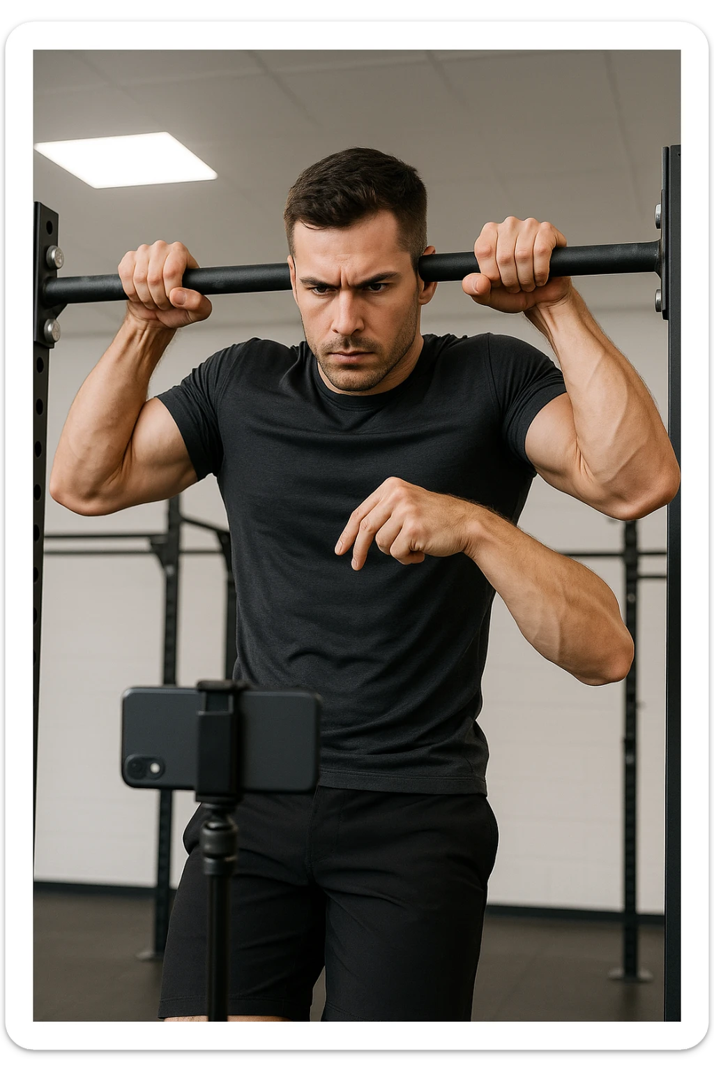 uomo che fa Muscle up e si sta filmando davanti con il telefonino per vedere la sua posizione dei gomiti e delle mani sulla sbarra sticker