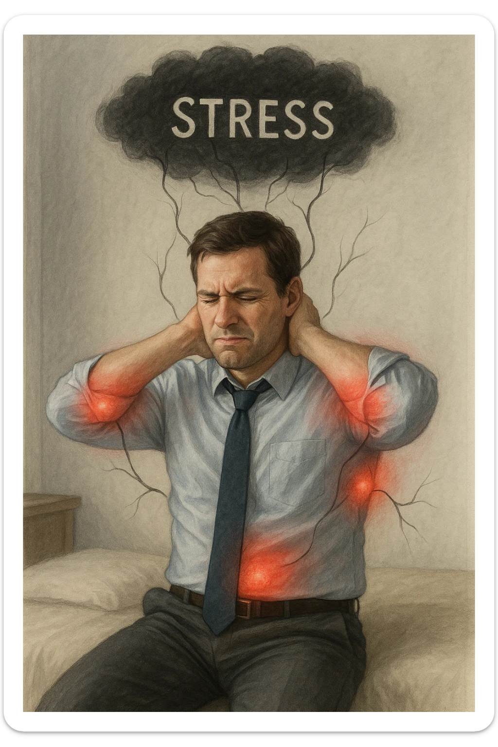 Uomo tra i 30 e i 40 anni in abiti da ufficio, seduto su una sedia o sul letto, con mani sul collo o sulla testa, visibilmente stressato. Attorno al corpo si vedono aree evidenziate di dolore (spalle, stomaco, schiena) rappresentate da leggere sfumature rosse o pulsanti. Sopra la sua testa, una nuvola scura con la parola 'Stress' scritta dentro, collegata al corpo con fili o nervi tesi. L'espressione dell’uomo è di frustrazione ma anche convinzione: crede che sia solo lo stress. Stile realistico con accenti simbolici psicofisici sticker