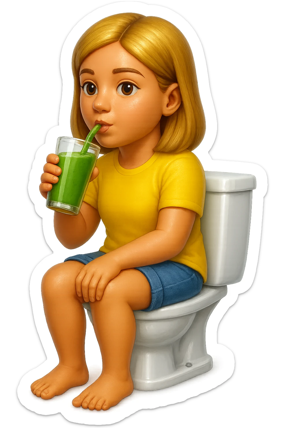 emoji stile iphone di una donna seduta sul wc che beve uno smoothies verde, iperrealistico 4k sticker