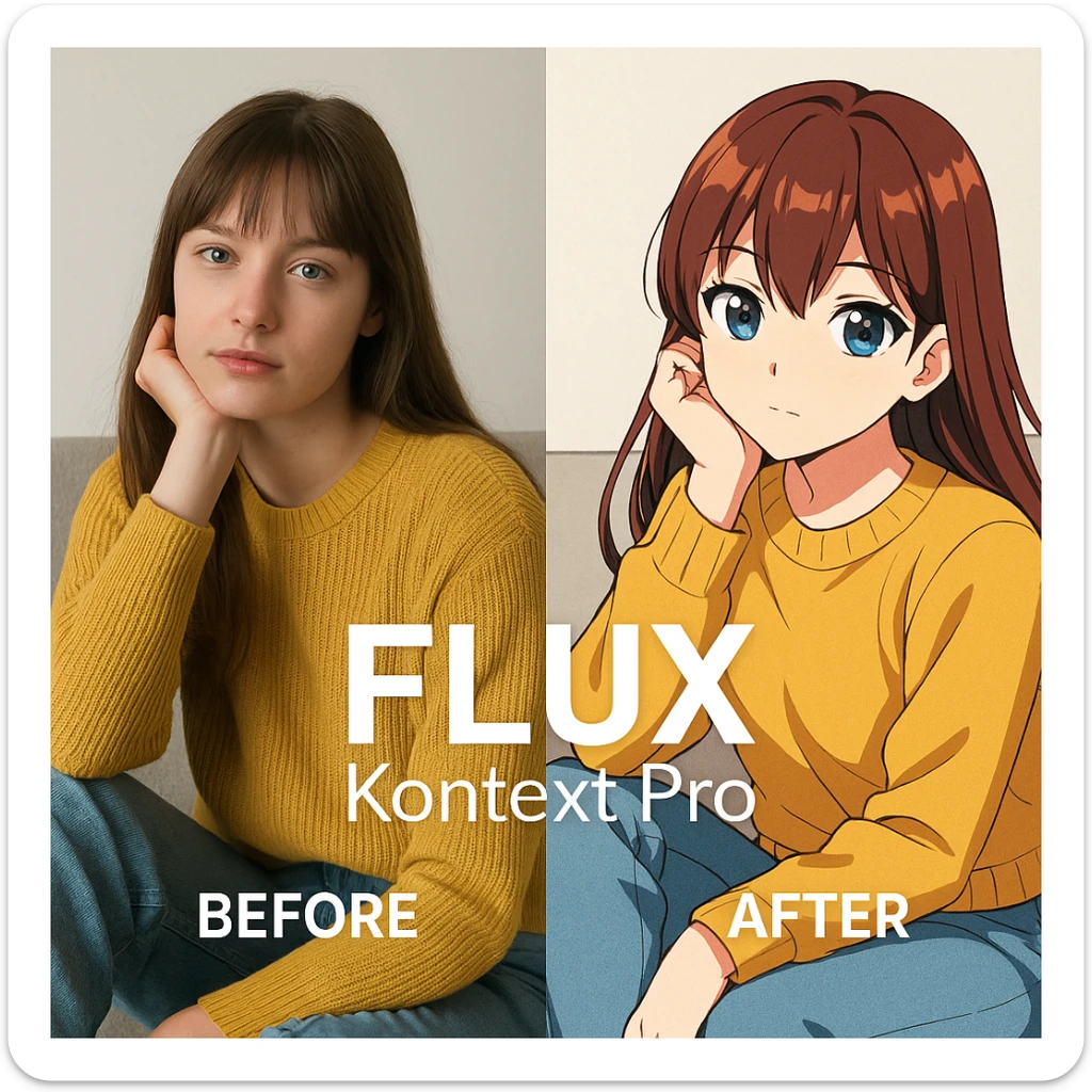 create before after image of a girl before is realsitic photo, after is anime version of her in same pose and clothes, add logo with text of a "FLUX Kontext Pro" sticker