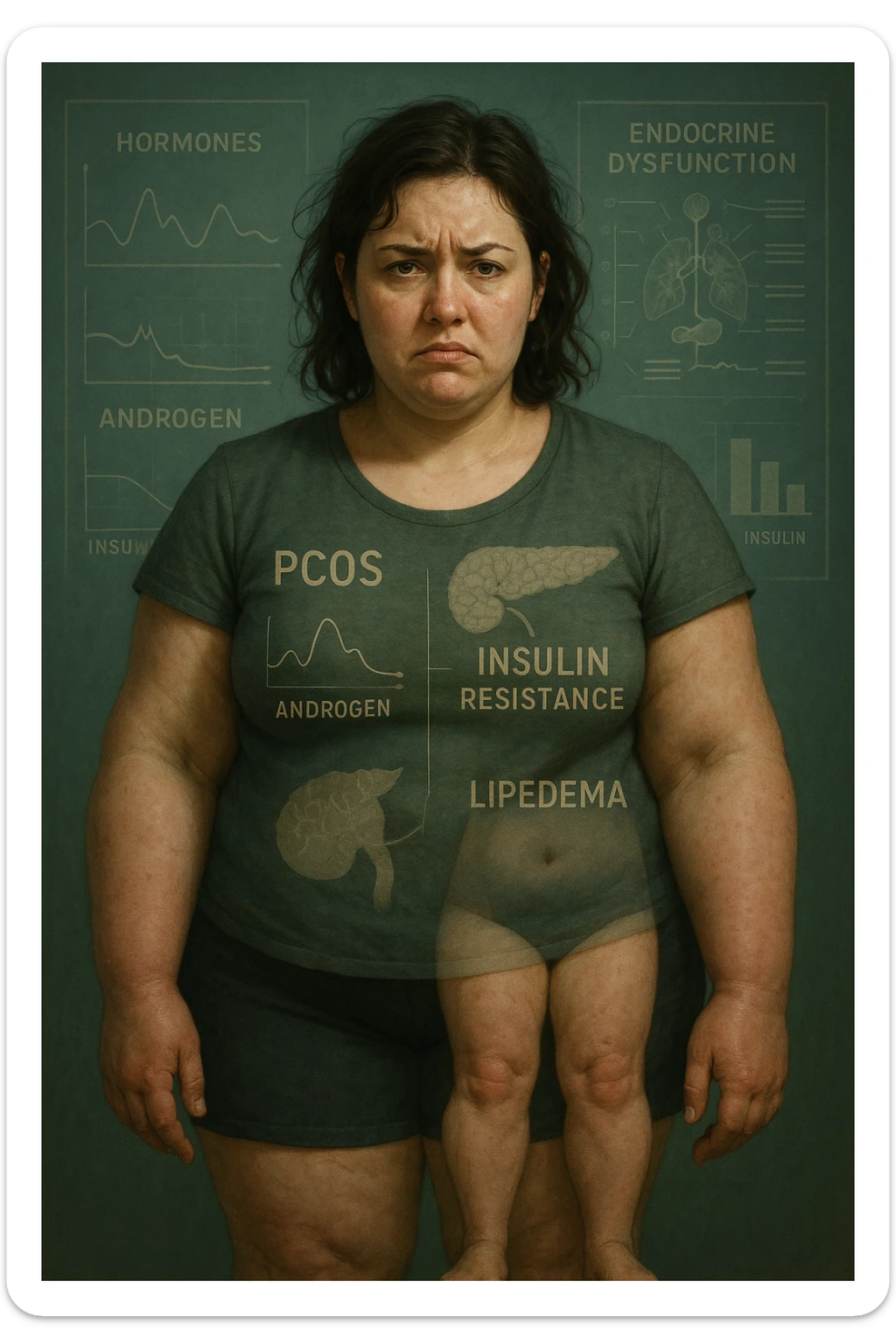 cinematic realistic in italiano Woman with PCOS struggling with hormonal chaos, transparent overlay showing elevated androgens and insulin resistance affecting her body, lipedema causing disproportionate fat accumulation in legs and arms despite normal torso, expression of frustration with unexplained weight gain, medical charts showing complex endocrine dysfunction, painful swollen limbs contrasting with metabolic confusion in italiano sticker