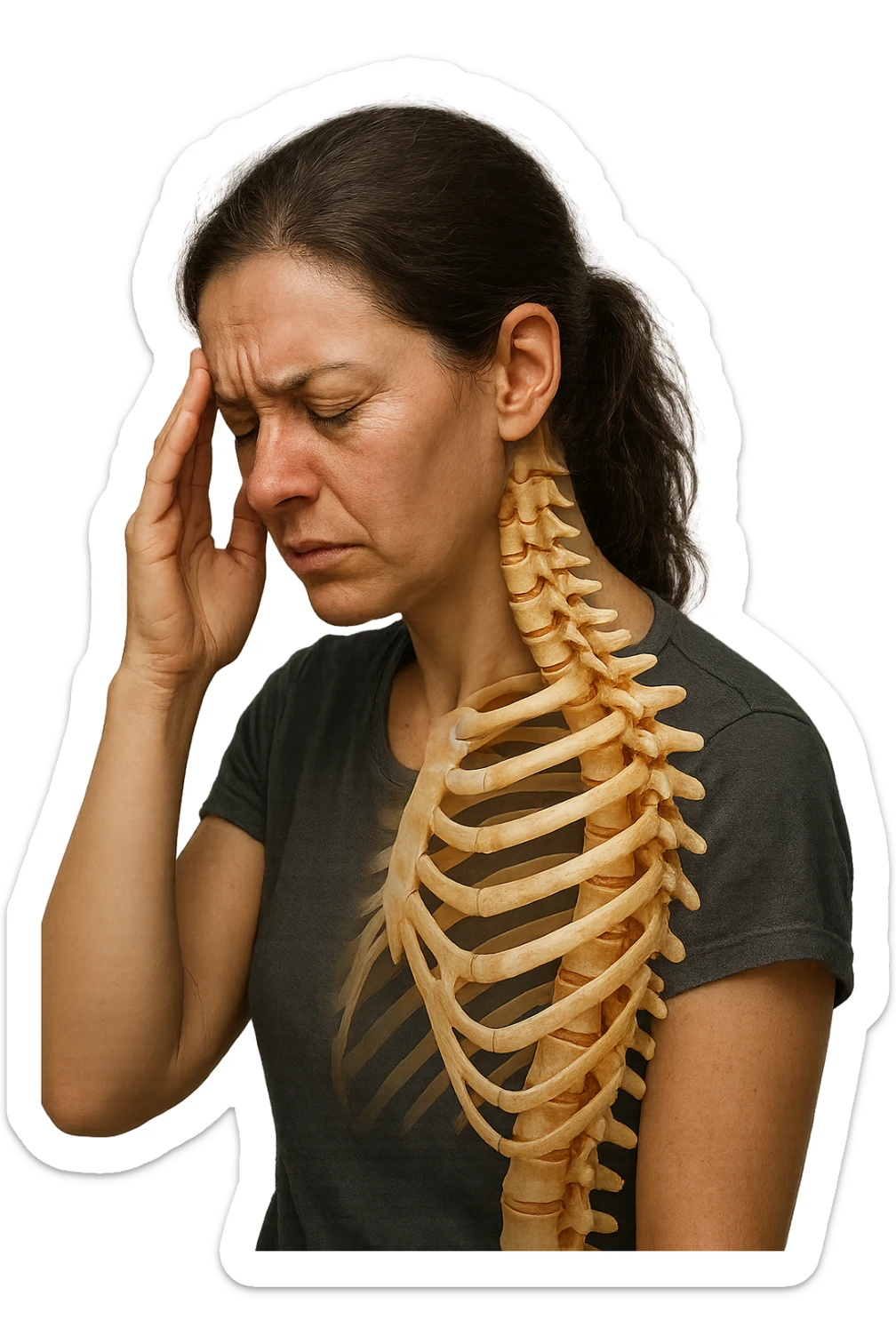 donna stanca che si tiene una mano sulla tempia con spina dorsale anatomica visibile, iperrealistico 4k sticker