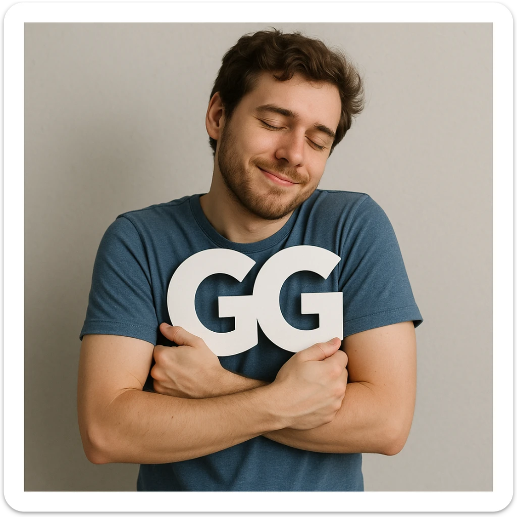 The person in the image is holding the GG sign pressed to their chest as if hugging it, the person remains the same. sticker