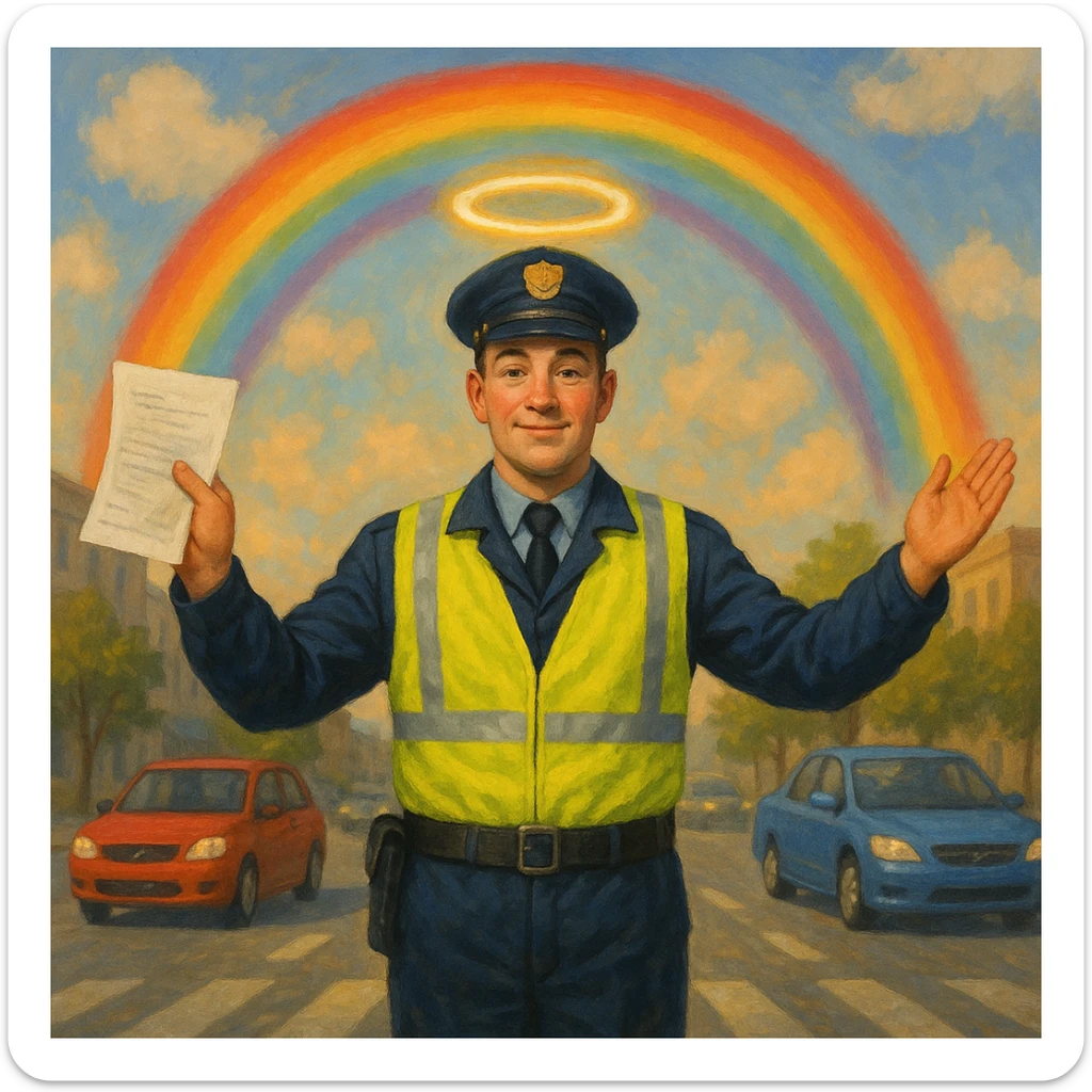 A traffic officer with a glowing halo, rainbow behind him, arms wide: one hand has paperwork, the other hand has cars moving freely. sticker
