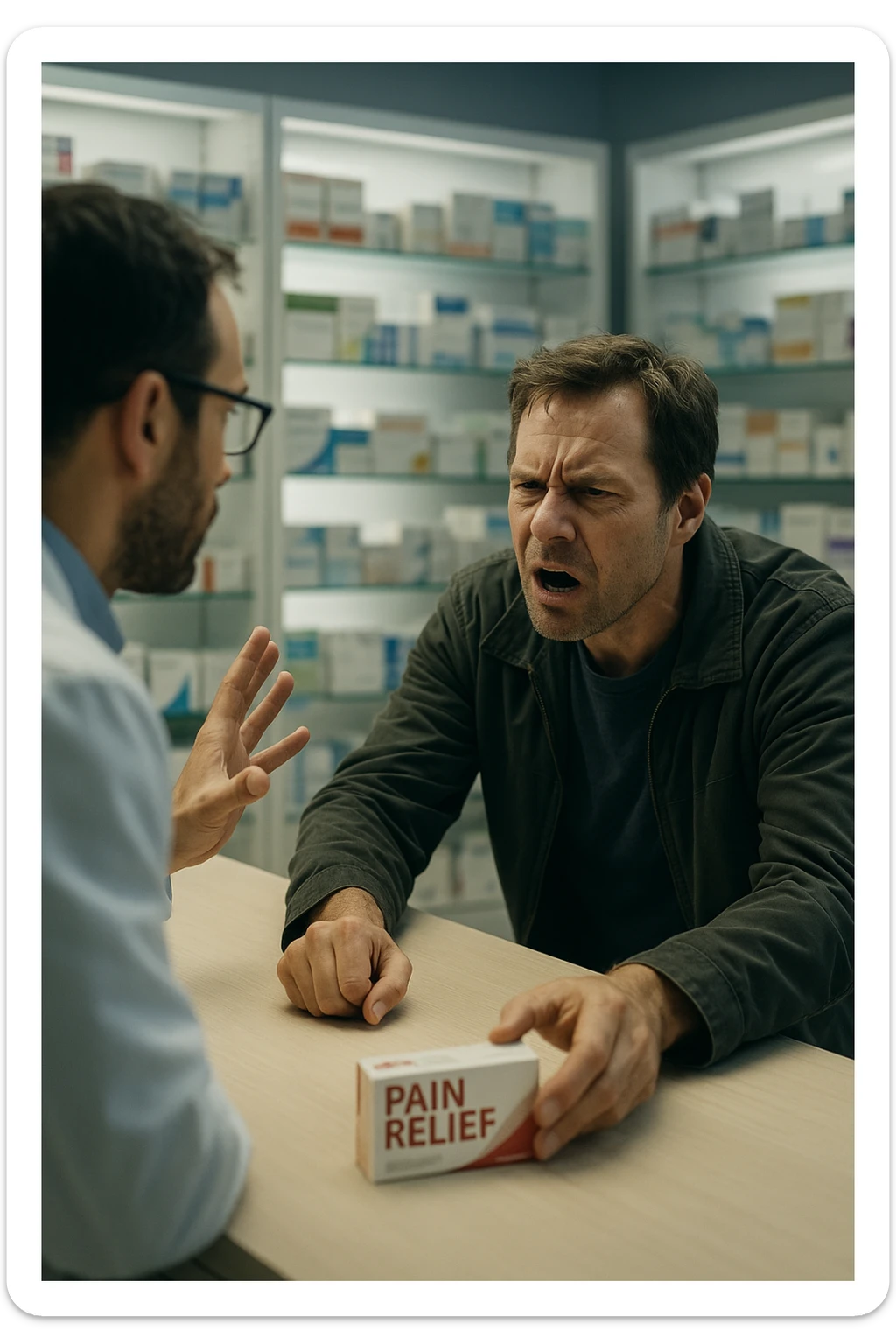 Cinematic Frustrated man at pharmacy counter demanding immediate pain relief medication, expression of impatience wanting instant symptom elimination, ignoring pharmacist's questions about underlying causes, grabbing prescription bottle eagerly, symptom suppression taking priority over healing, modern medicine aisle promising quick fixes for complex health problems" in italiano sticker