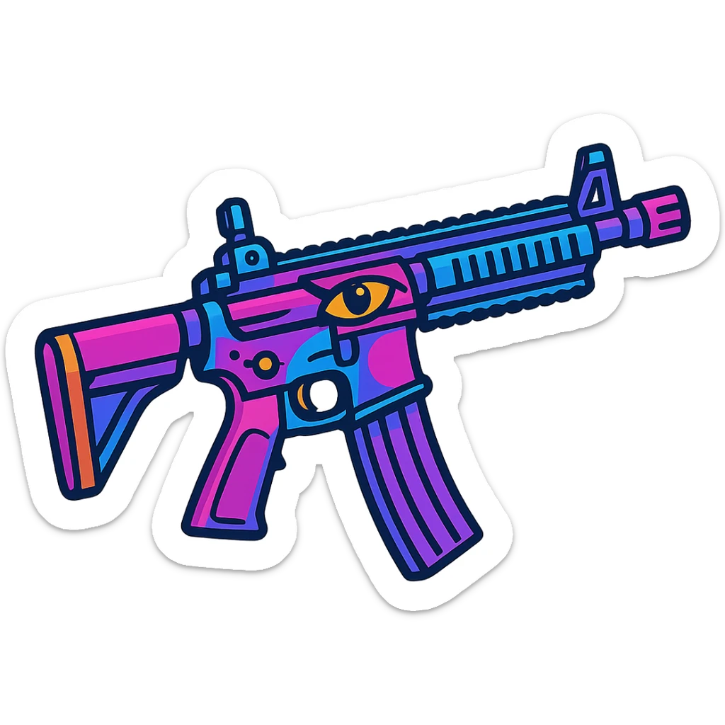 M416 assault rifle with Maskara skin, blue and purple highlights, energetic, cartoon style sticker