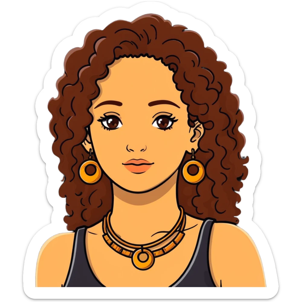 Attractive Greek woman with freckles, long curly amber-brown hair, gold hoop earrings and small necklace sticker