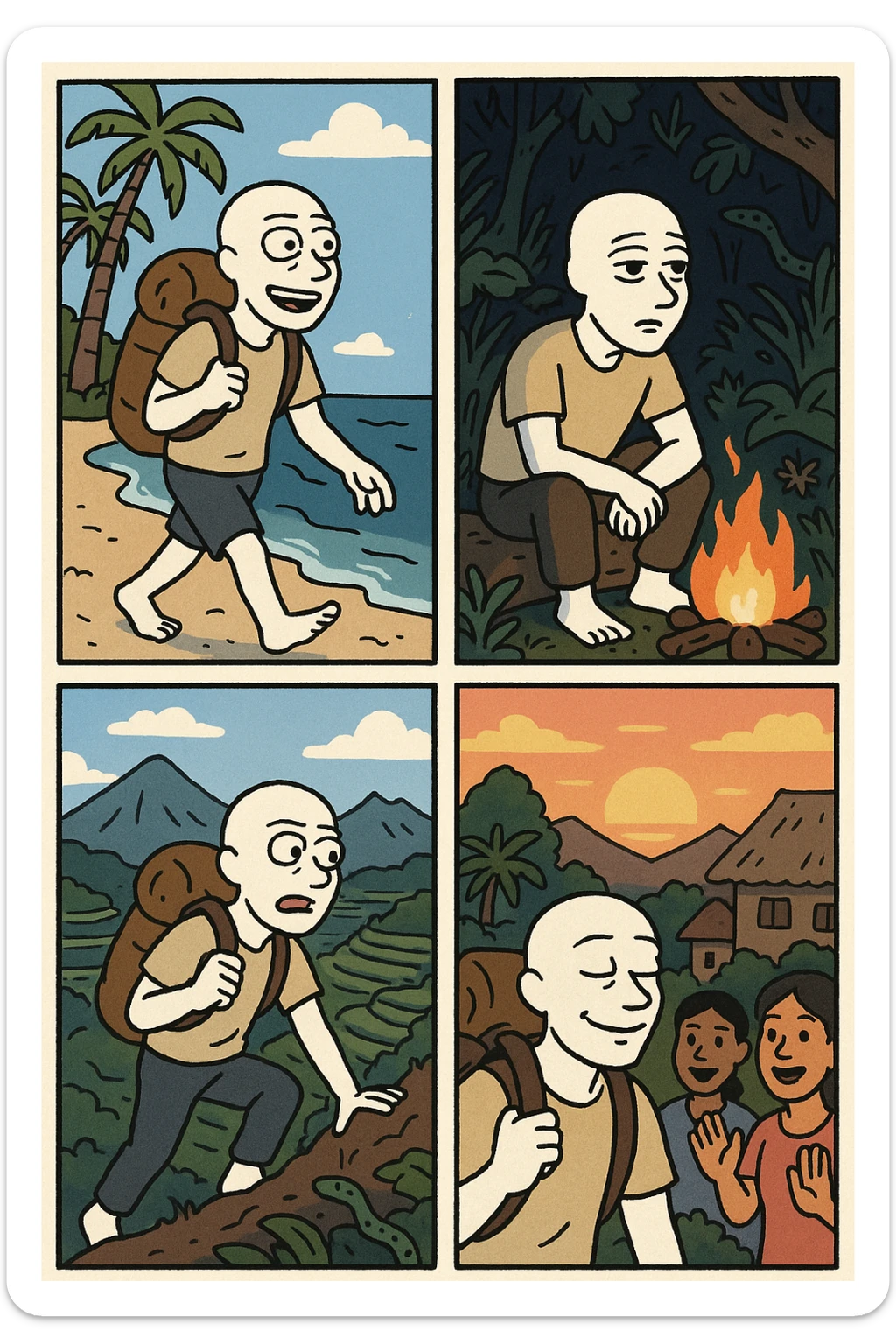 Create a wojak-style comic book with four panels, telling the story of a bali nomad's adventure sticker