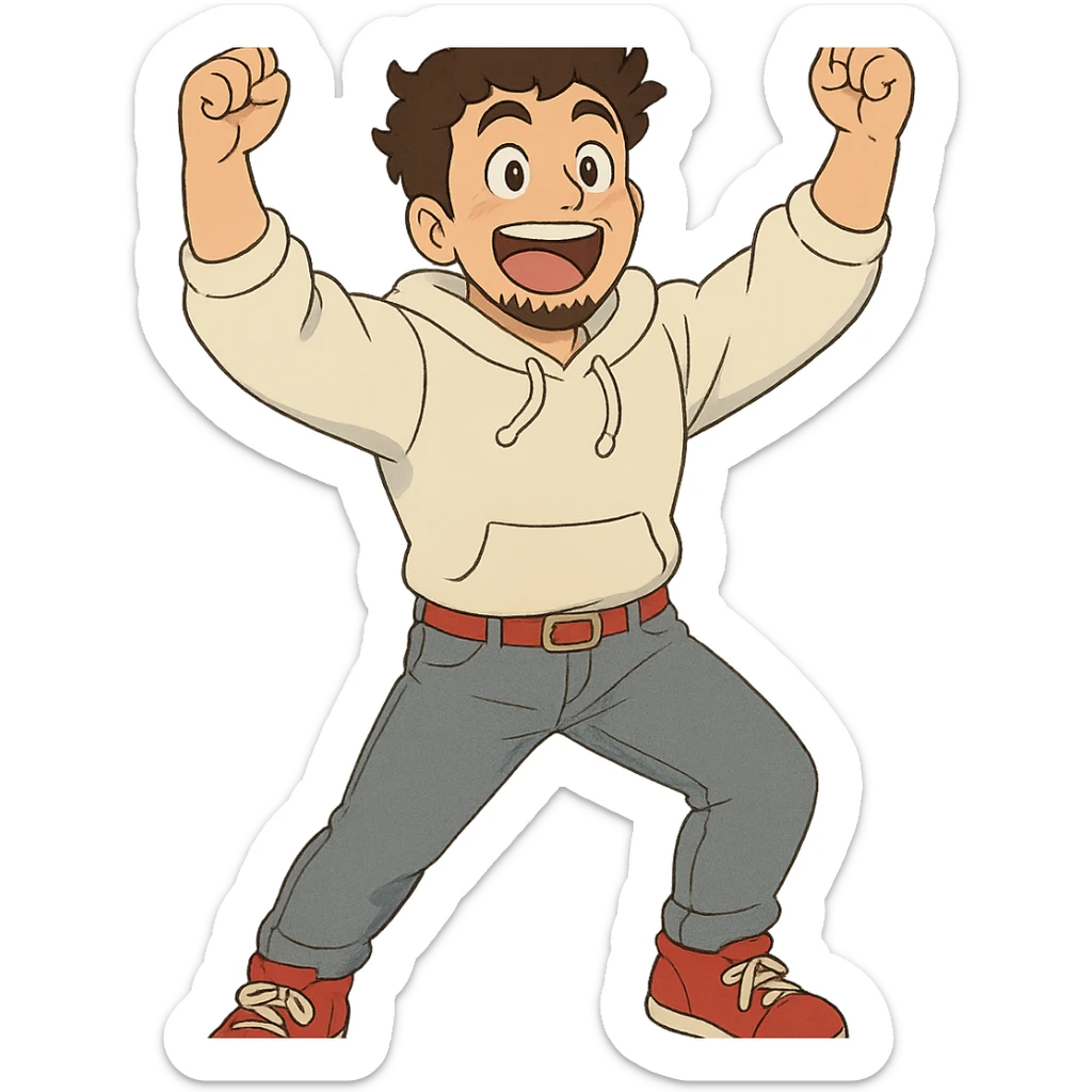 1 male, mid fade haircut dark chestnut brown curly hair, toasted lightskin, white hoodie sleeves up, gray fashion jeans, red fashion-sneakers shoes, red belt, short trimmed beard and goatee,  style of deku from "my hero academia",  doing a pose for a "happy" emote for twitch sticker