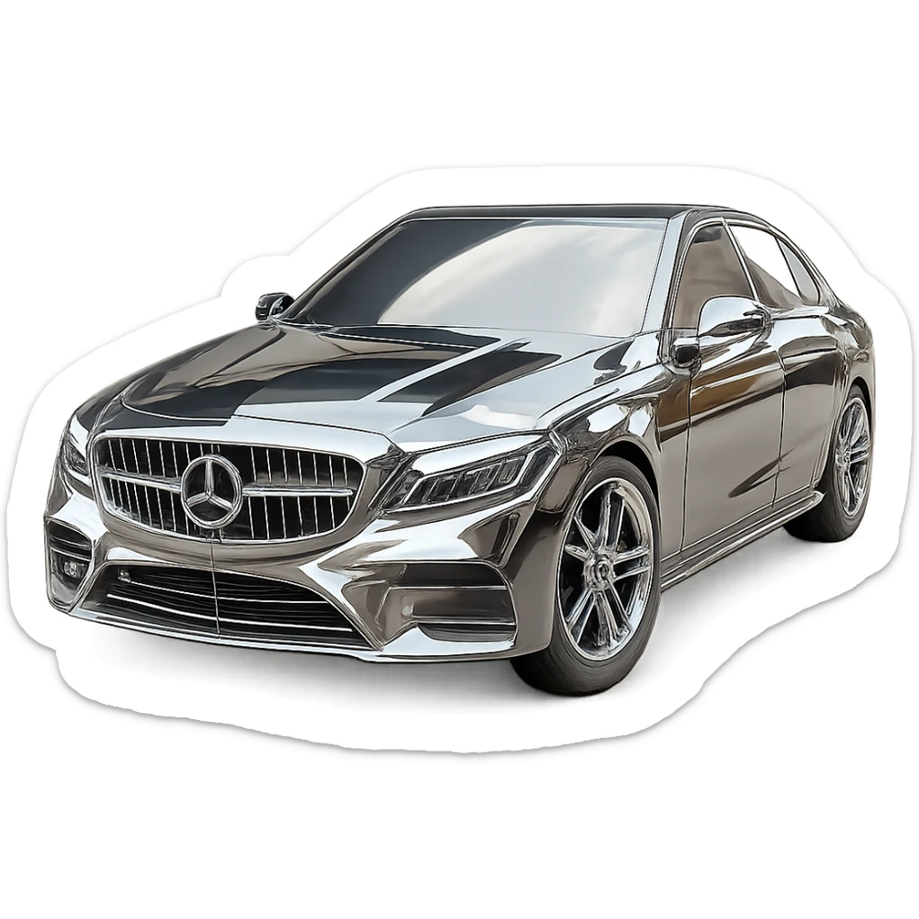 Make the watch chrome, the glasses chrome, and the suit of the Asian man chrome. Also, make the car more visible and chrome as well. Keep the background transparent and all other details the same. sticker