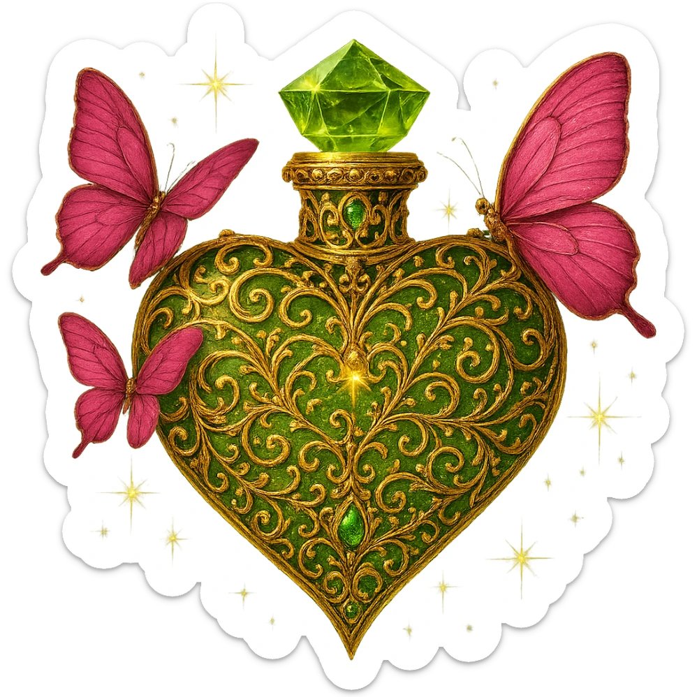 Add elegant, luxurious golden filigree and small gemstone details to the bottle while keeping the original style, shape, and colors exactly the same. The bottle has #c0ff53 green glitter liquid, pink butterflies, magical dust, a crystal neck, and a sharp heart point. Maintain the transparent background as PNG. Enhance the opulence with golden filigree and gemstone details only, without altering any other elements. sticker