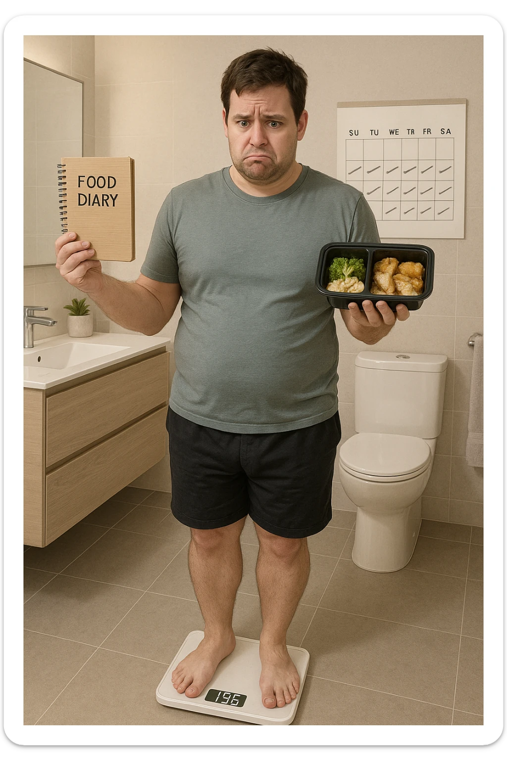 Uomo sulla trentina in piedi su una bilancia in bagno, con espressione delusa e confusa. In mano tiene un diario alimentare e un contenitore per i pasti già preparati, segno che sta seguendo una dieta. Dietro di lui un calendario con settimane segnate, ma senza cambiamenti. Il suo corpo appare identico a prima, senza progressi visibili. La bilancia digitale mostra lo stesso numero. Ambientazione pulita e moderna, toni neutri. Atmosfera di frustrazione e demotivazione, luce soffusa. sticker