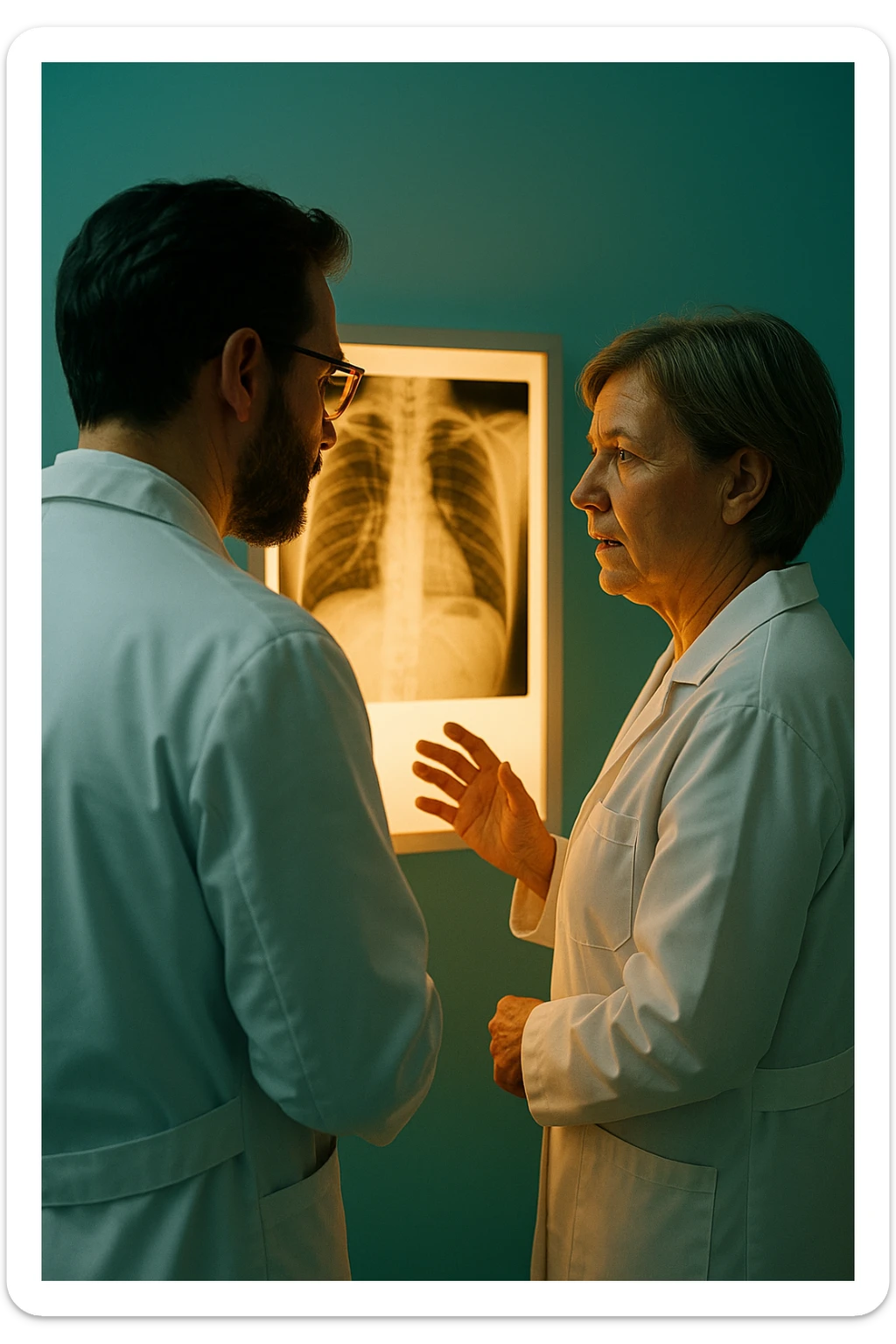 Realistic, detailed photo taken from behind of two doctors—a bearded man and a middle-aged woman—standing and facing each other as they discuss a diagnosis in front of a medical chart. The scene is illuminated by a yellowish, orange, warm light that softly envelops the doctors. The entire room is bathed in a single green-blue color, creating a cohesive and modern atmosphere. Both doctors wear white coats, and their body language suggests a serious, professional conversation. Shot with a Canon EOS R5, with high detail and natural depth of field. sticker