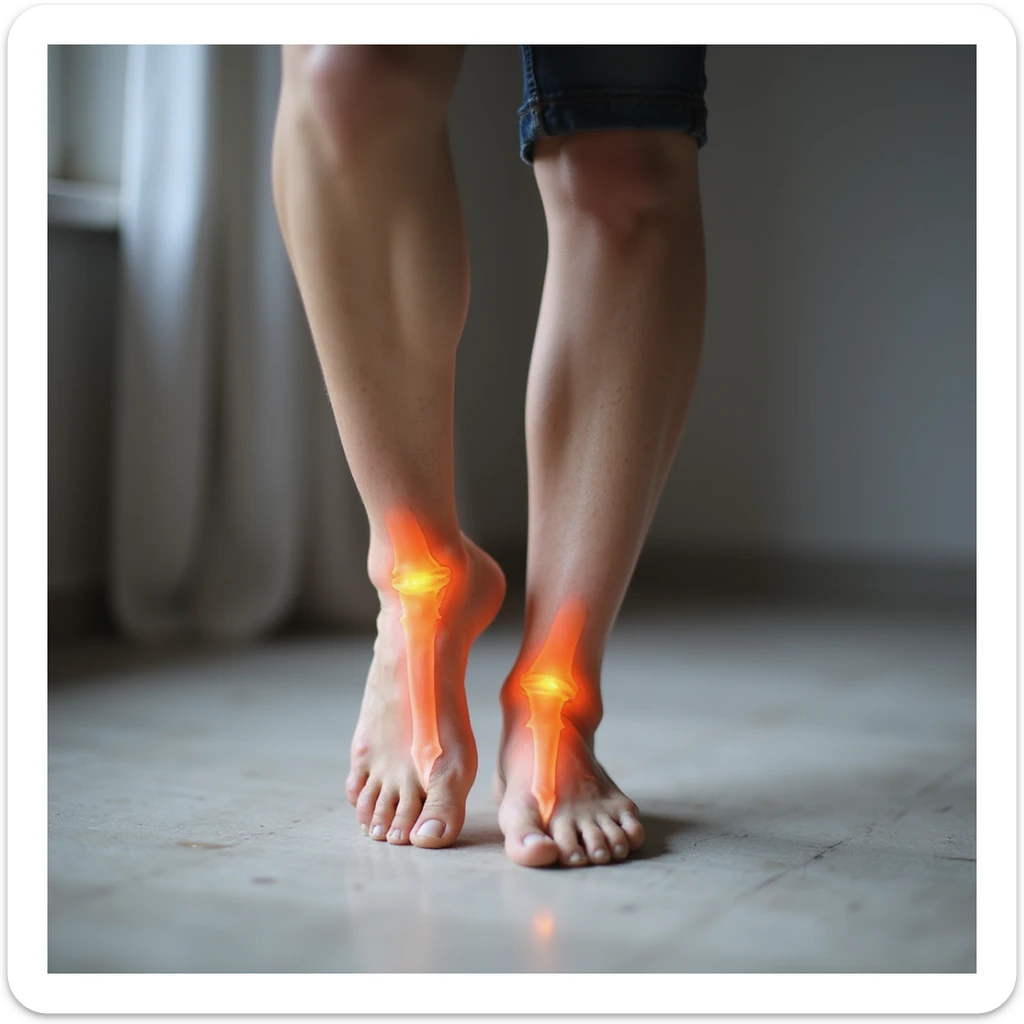 adult woman with expression of pain in foot and knees, caused by orthotic insole, realistic style, anatomical details, neutral environment sticker