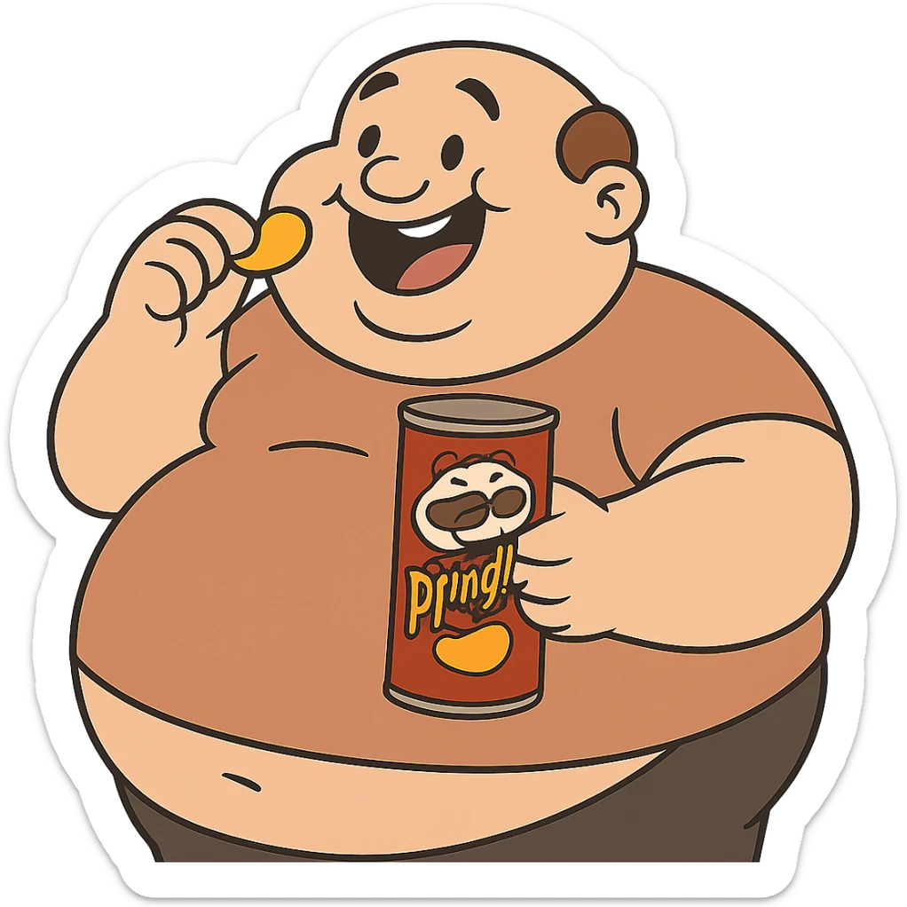 Make the round, happy figure with a can of Pringles even fatter, keeping the cartoon style, no background. sticker