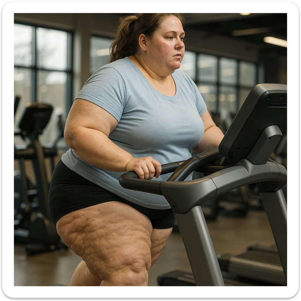 overweight woman doing cardio on treadmill, stubborn fat on legs and thighs, hyper realistic 4K style, realistic details, gym background sticker