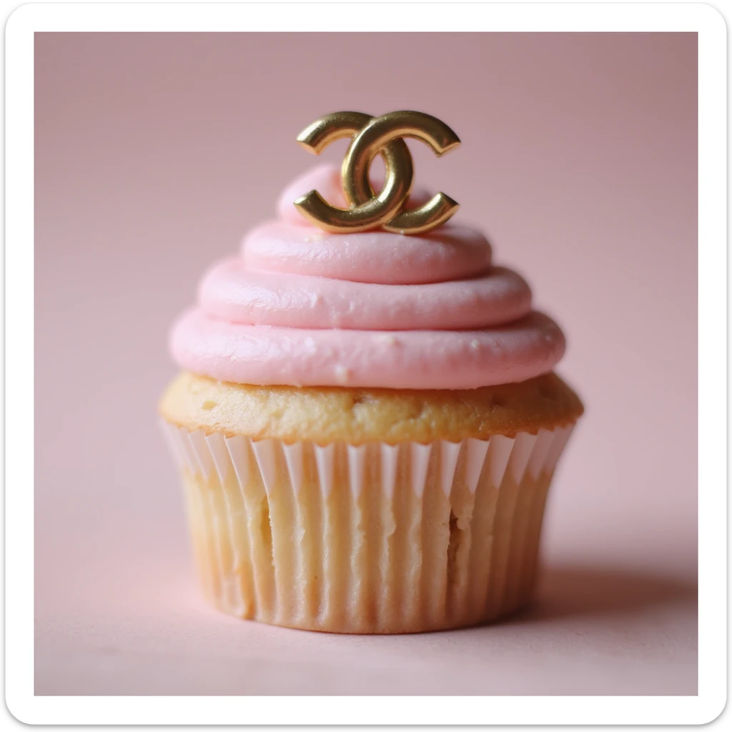 photorealistic pastel pink Chanel cupcake with a gold logo accent, luxury style sticker
