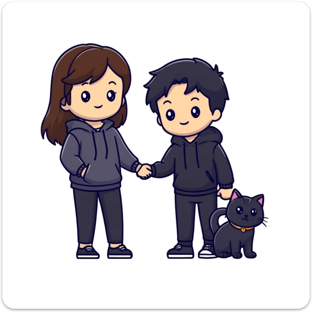 A girl with long brown hair holding the hand of a boy with black hair, both dressed in black, holding a cat and dog sticker