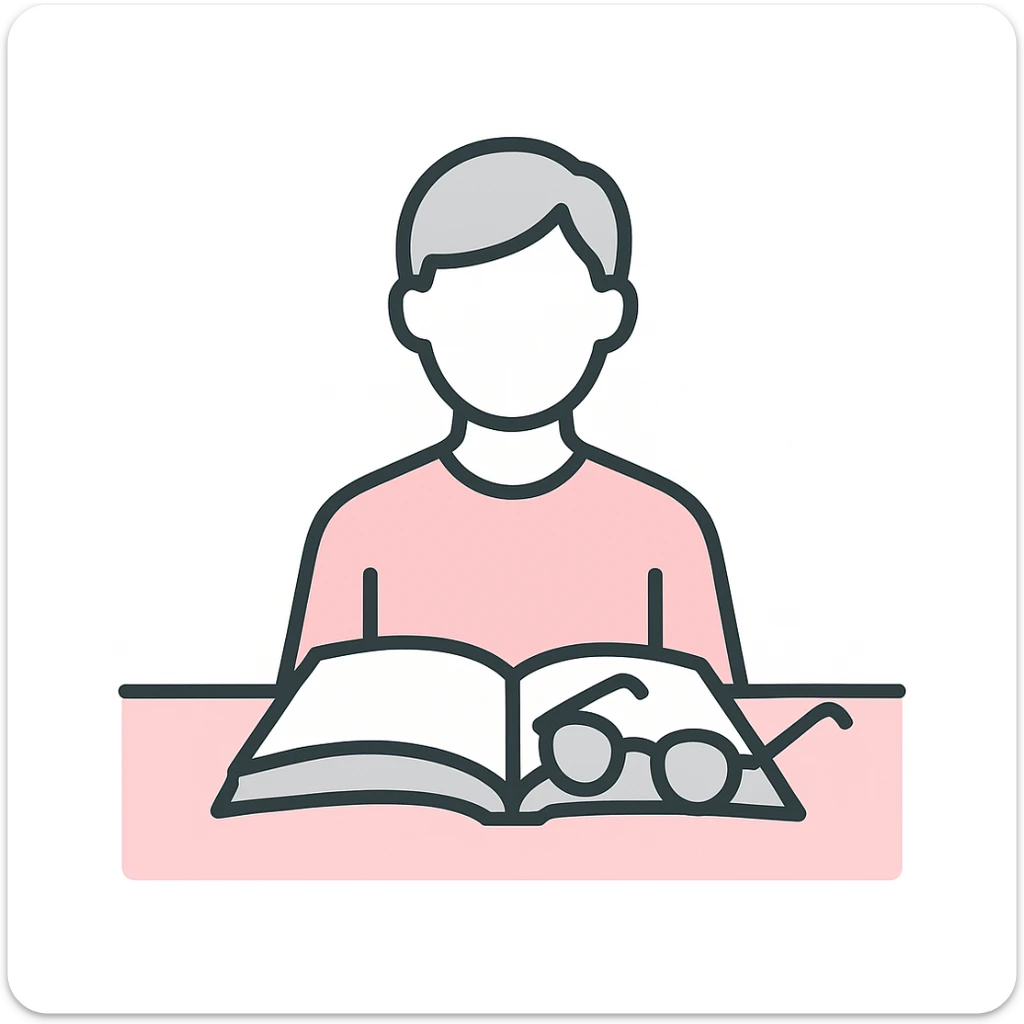 A pink and gray flat illustration of a book open on a table with a pair of glasses. sticker
