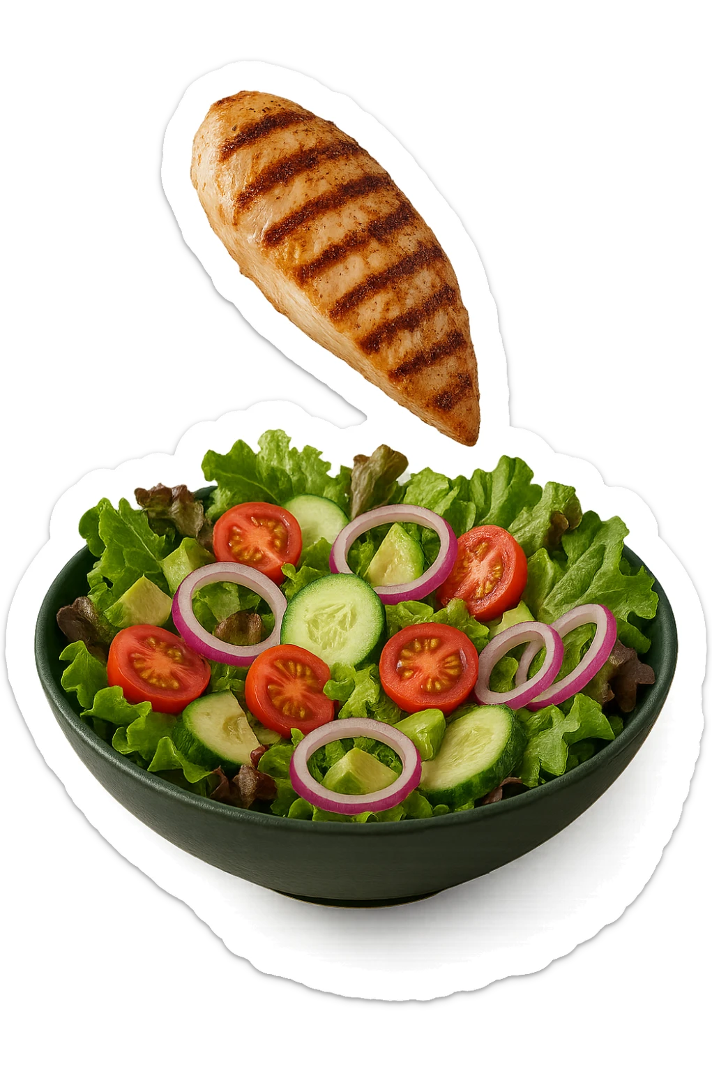 INSALATA CON PETTO DI POLLO GRIGLIATO CHE CADE DALL'ALTO, IPERREALISTICO 4K sticker