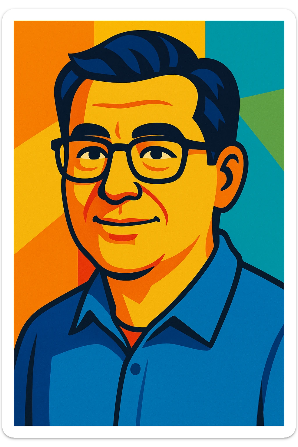 vibrant cartoon style portrait of a man about 50 years old, dark hair, wearing glasses sticker