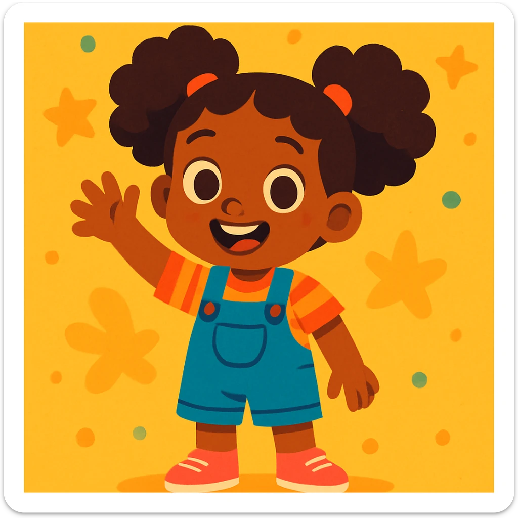 una niña morena de piel con ojos marrones y pelo afro, estilo ilustración colorida y amigable sticker