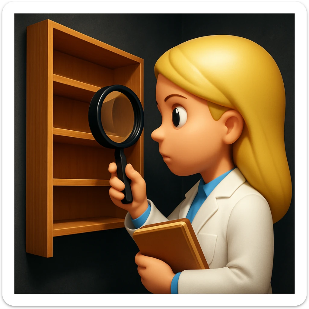 emoji of white empty shelf in perspective view with a standing woman nearby, she is looking at the shelfs with a magnifying glass, she is turned to the shelfs, emoji style, adjust the perspective to be more dramatic, with a different background sticker