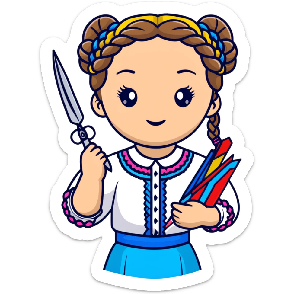 Ukrainian young girl with braided hair wearing a white embroidered traditional shirt (vyshyvanka) holding scissors and colorful craft paper sticker