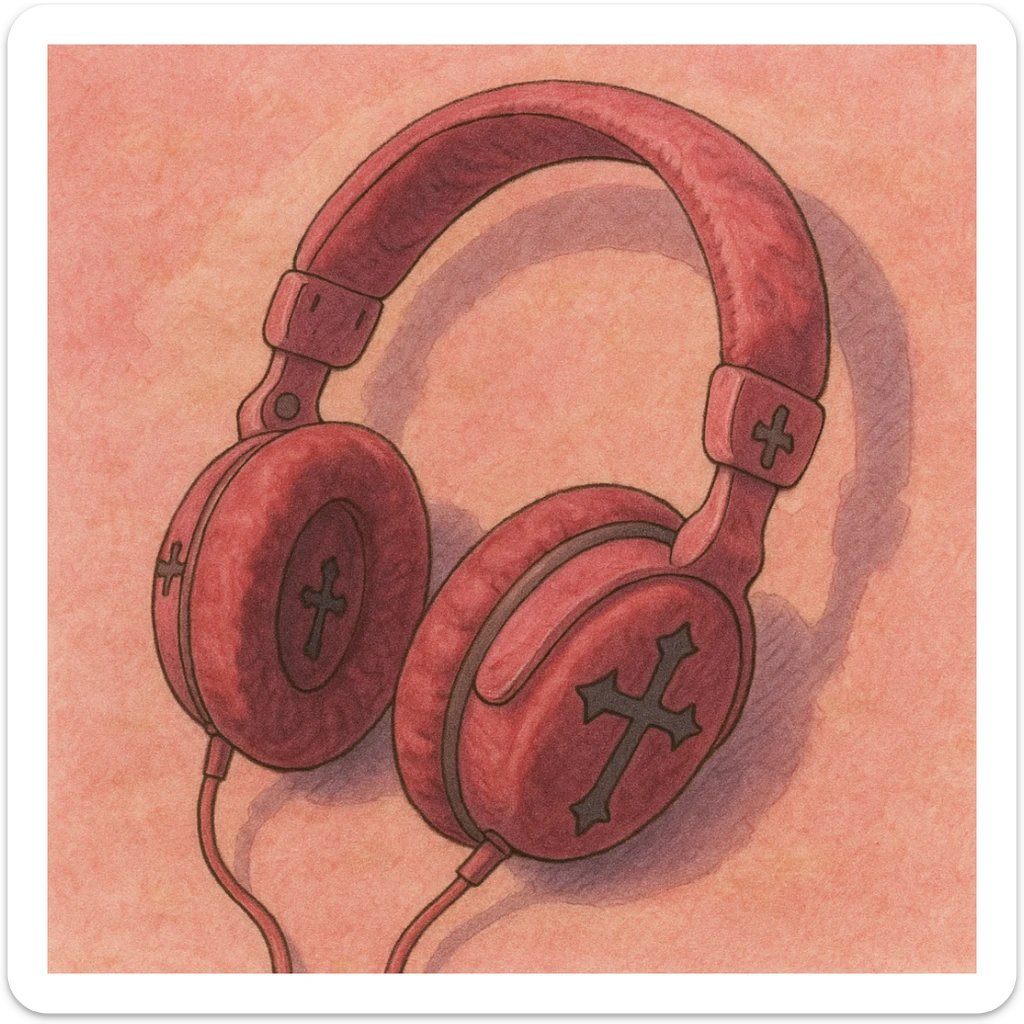 pink gothic headphones with soft shading, cross motifs, and velvet texture sticker