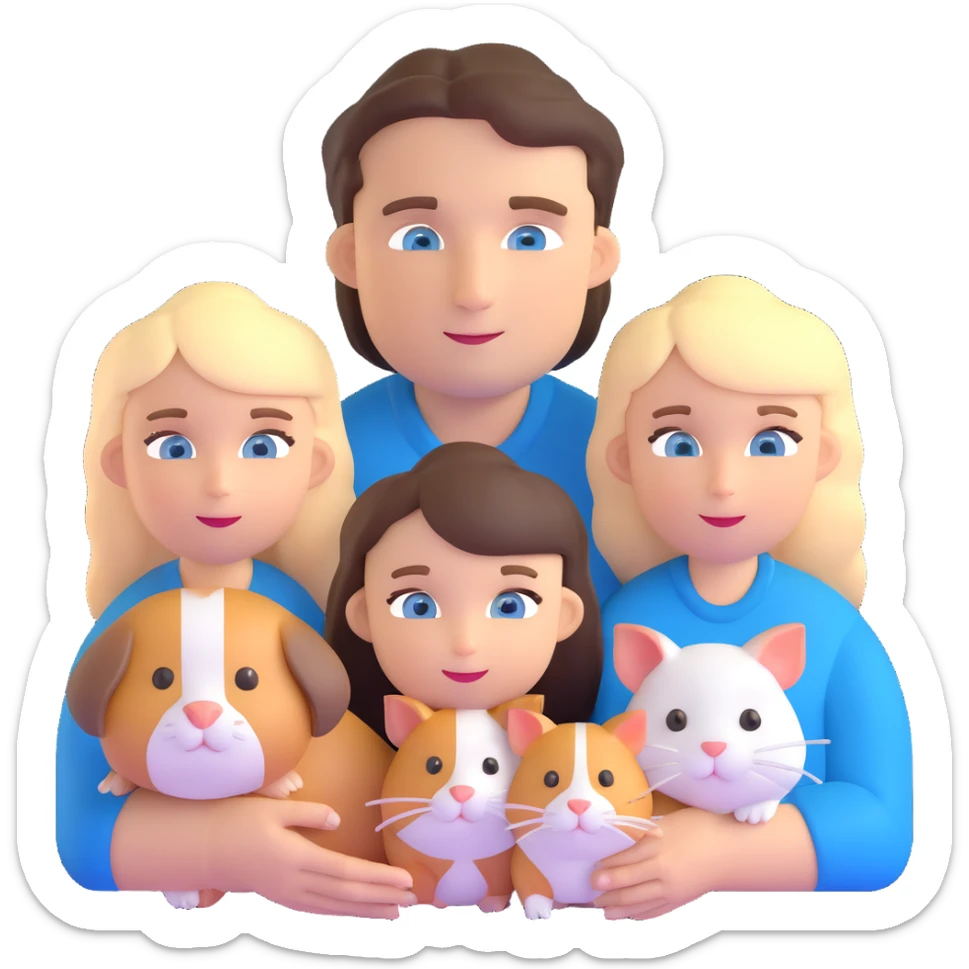 Family portrait with father with dark brown hair and blue eyes, mother with light brown hair and blue eyes, three blonde little girls with blue eyes, plus a cat and two guinea pigs sticker