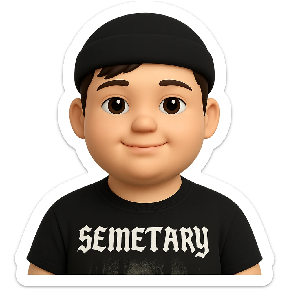 Make the chubby man look younger and have him wear Semetary merch. The original style is 3D emoji style, which does not support editing, so use the general style editor while respecting the 3D emoji style look. sticker