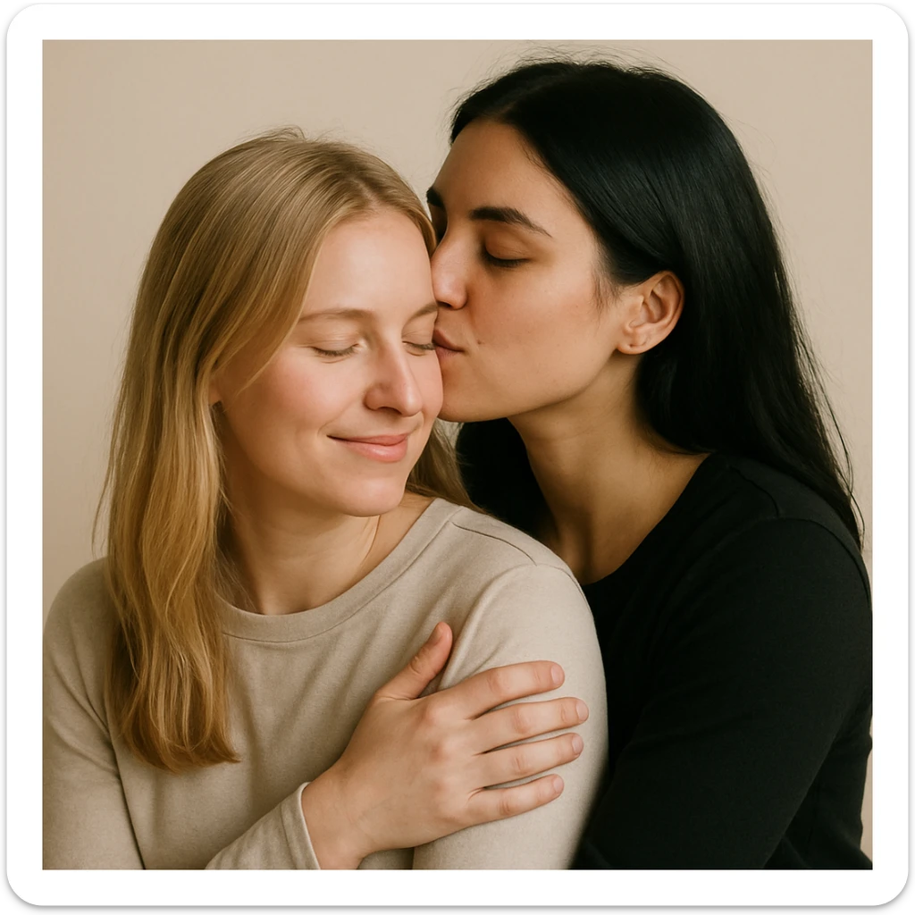 two women, one with blonde hair and one with black hair, depicted as a lesbian couple, affectionate pose, neutral background sticker