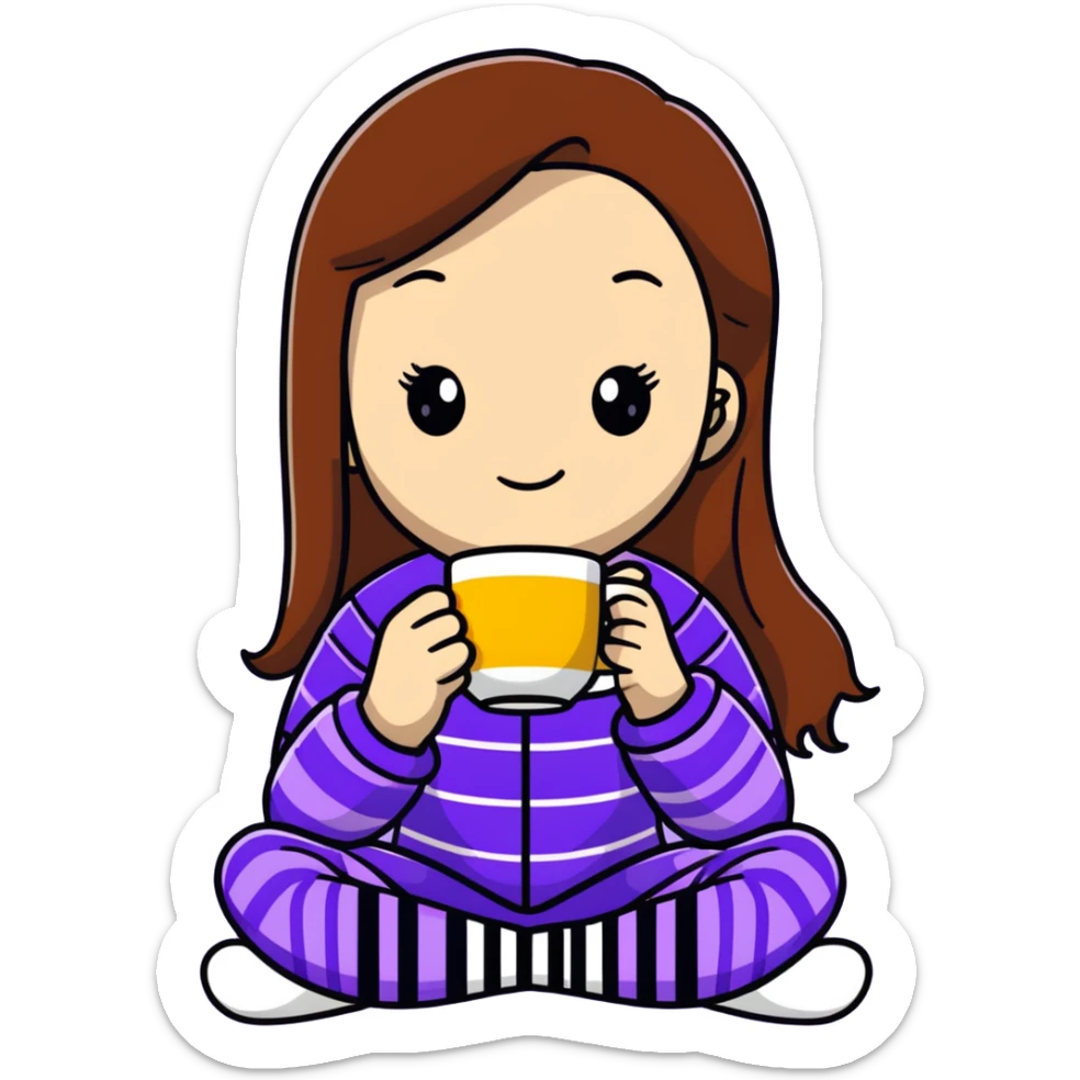 girl with long brown hair sipping coffee in purple striped pajamas sticker