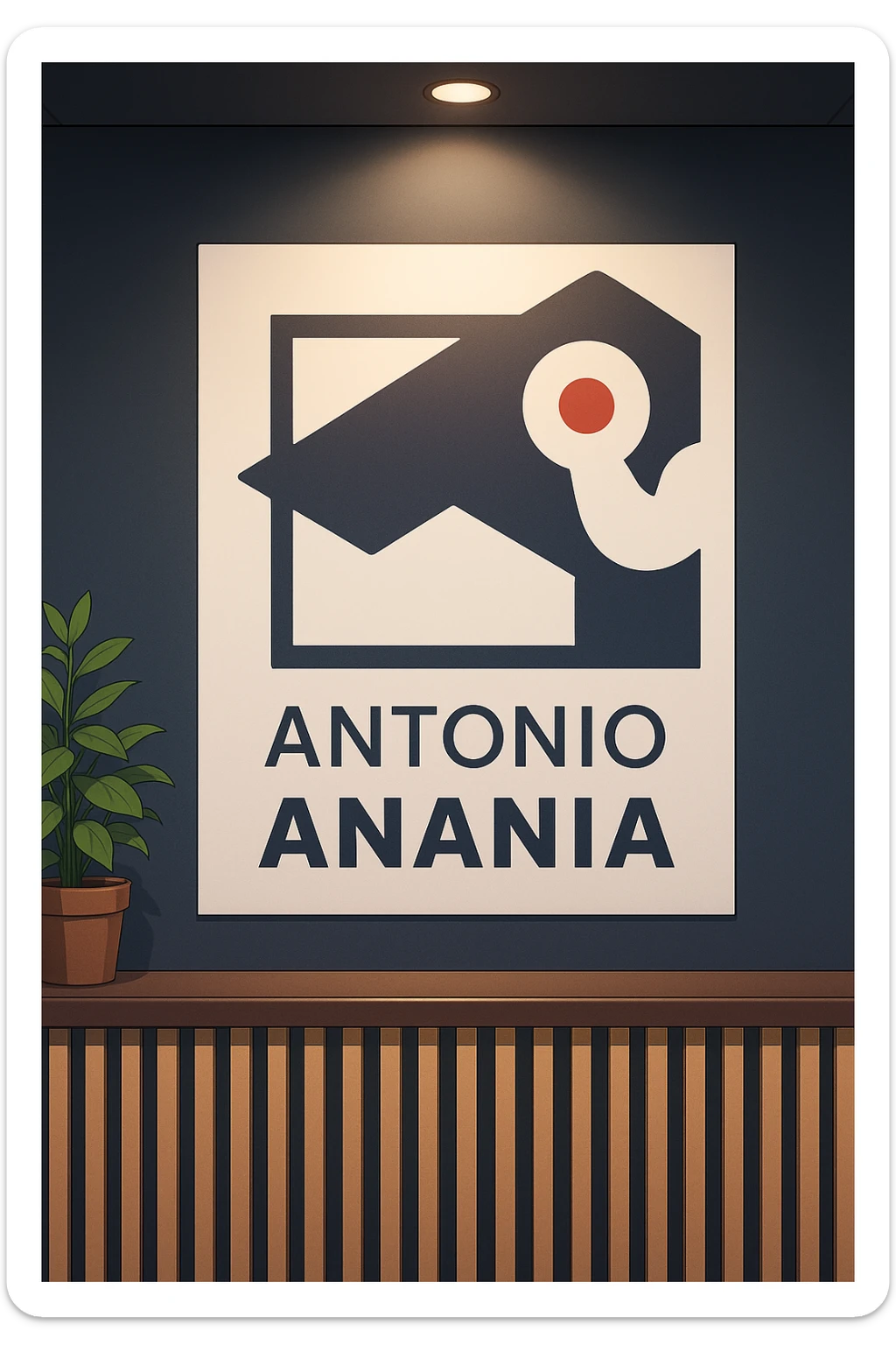 su questo stile fai un manga/webtoon a colori in cui mostri quella parete dietro dello studio con il suo logo e la scritta "ANTONIO ANANIA" SOTTO IL LOGO, LUCE CHE ILLUMINA IL LOGO sticker