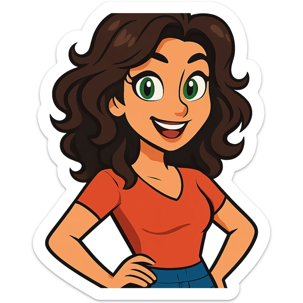 vibrant toon style woman with wavy dark brown hair and green eyes sticker