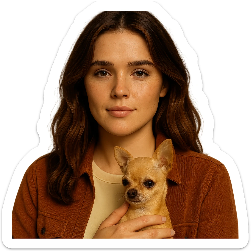 Portrait for Instagram profile picture inspired by the facial features visible in the reference images, with a tanned complexion, subtle freckles, wearing a shirt in color #FFF8CA and a rust-colored jacket, medium-length brown hair with auburn highlights, serene and peaceful expression, holding a beige-brown chihuahua, in the style of a Netflix series, transparent background, intimate Tenerife ambiance. sticker