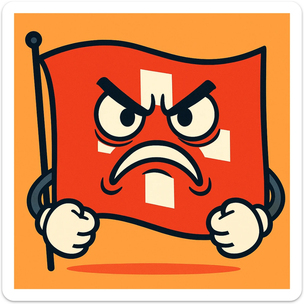 an angry Swiss flag with an exaggerated frown, animated style, vibrant colors sticker
