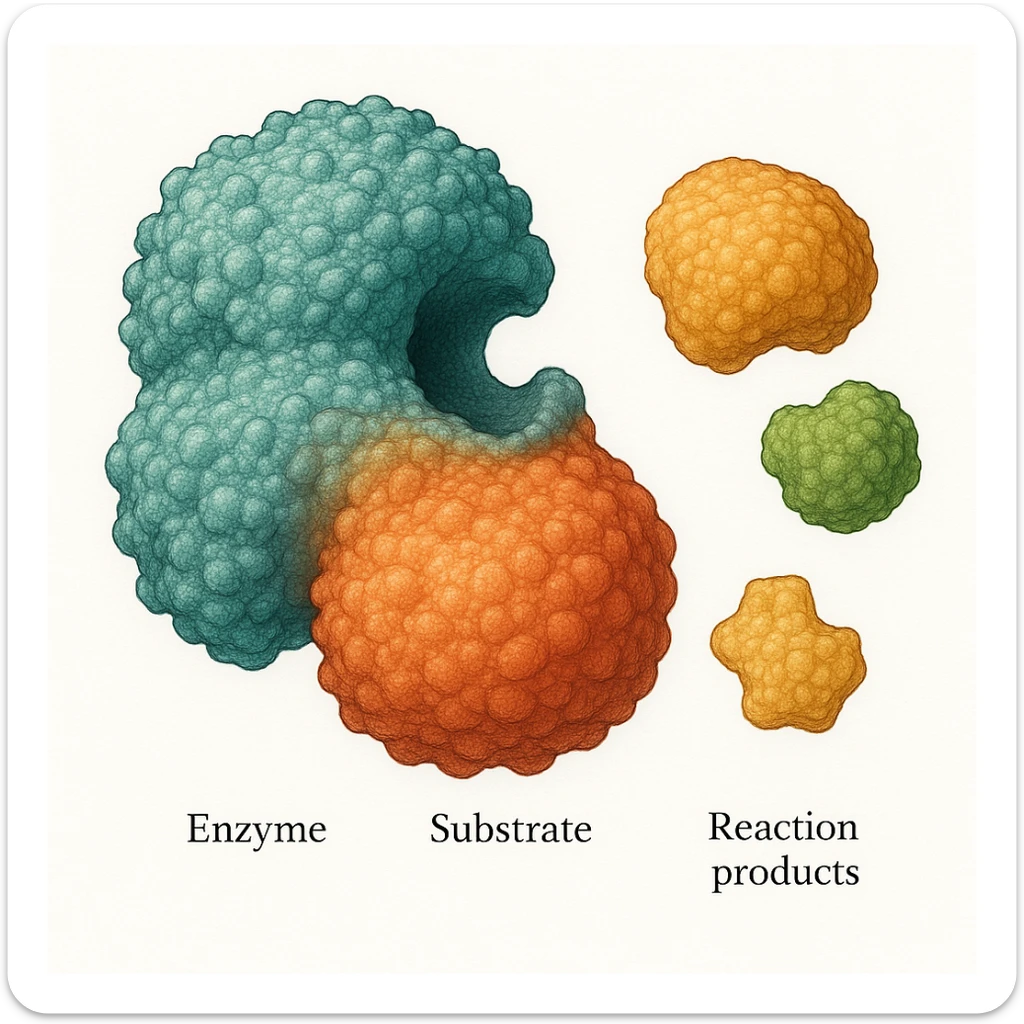 Ultra-detailed scientific illustration  (like in a school book) of enzyme digestion. Macro molecular view, clean white background, no text, no human figures or cartoon characters. Purely biological focus. sticker