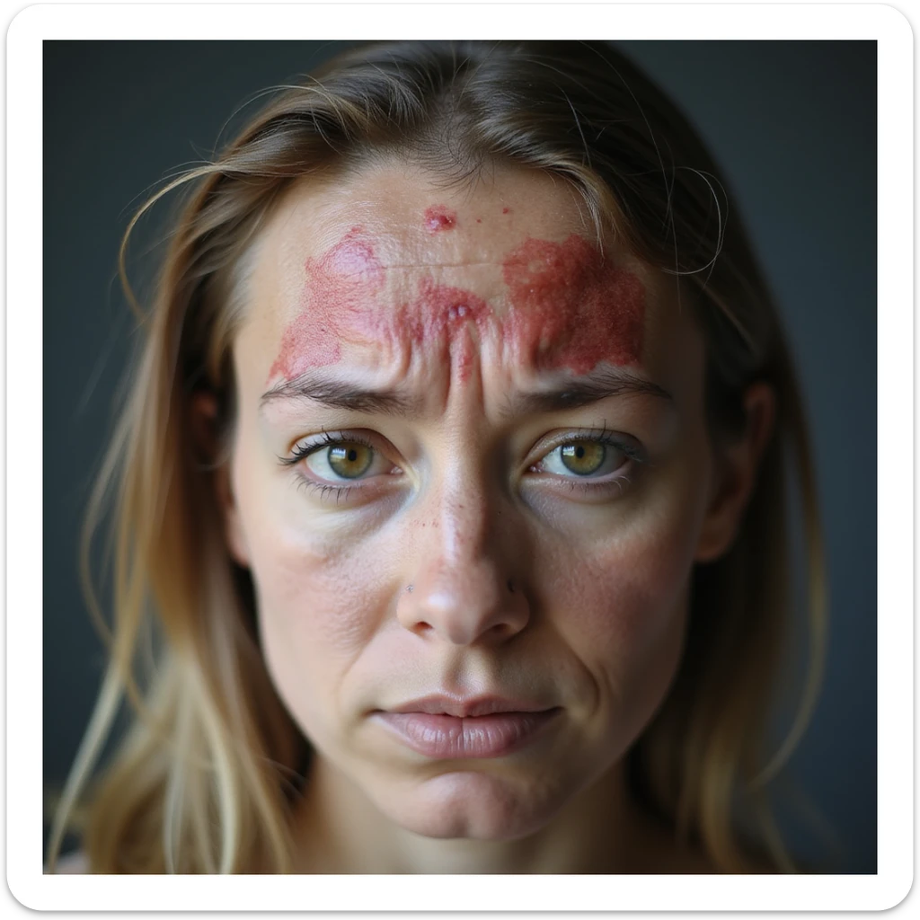 hyperrealistic 4K close-up of scalp of a woman with PCOS showing clear alopecia areas, red skin, thin and sparse hair, sad facial expression sticker