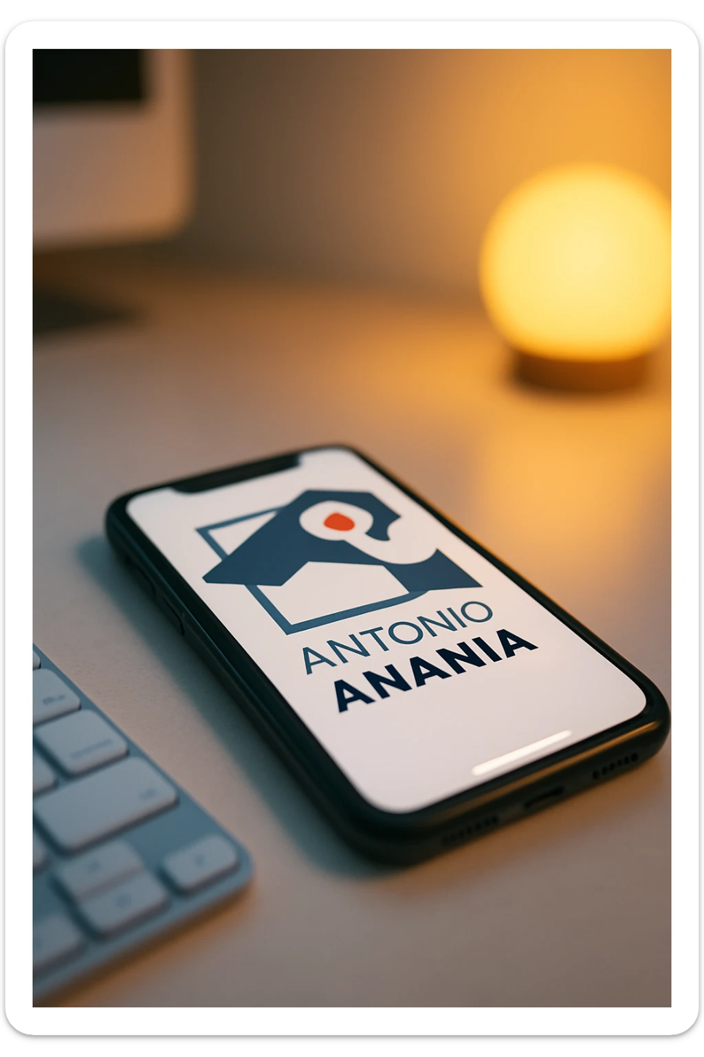 A photo of an iPhone with the message "Antonio Anania" on its screen, The phone sits atop a desk with a blurred background that suggests work environment. A faint glow from above casts gentle shadows across the surface of each object, creating depth and highlighting their textures. sticker