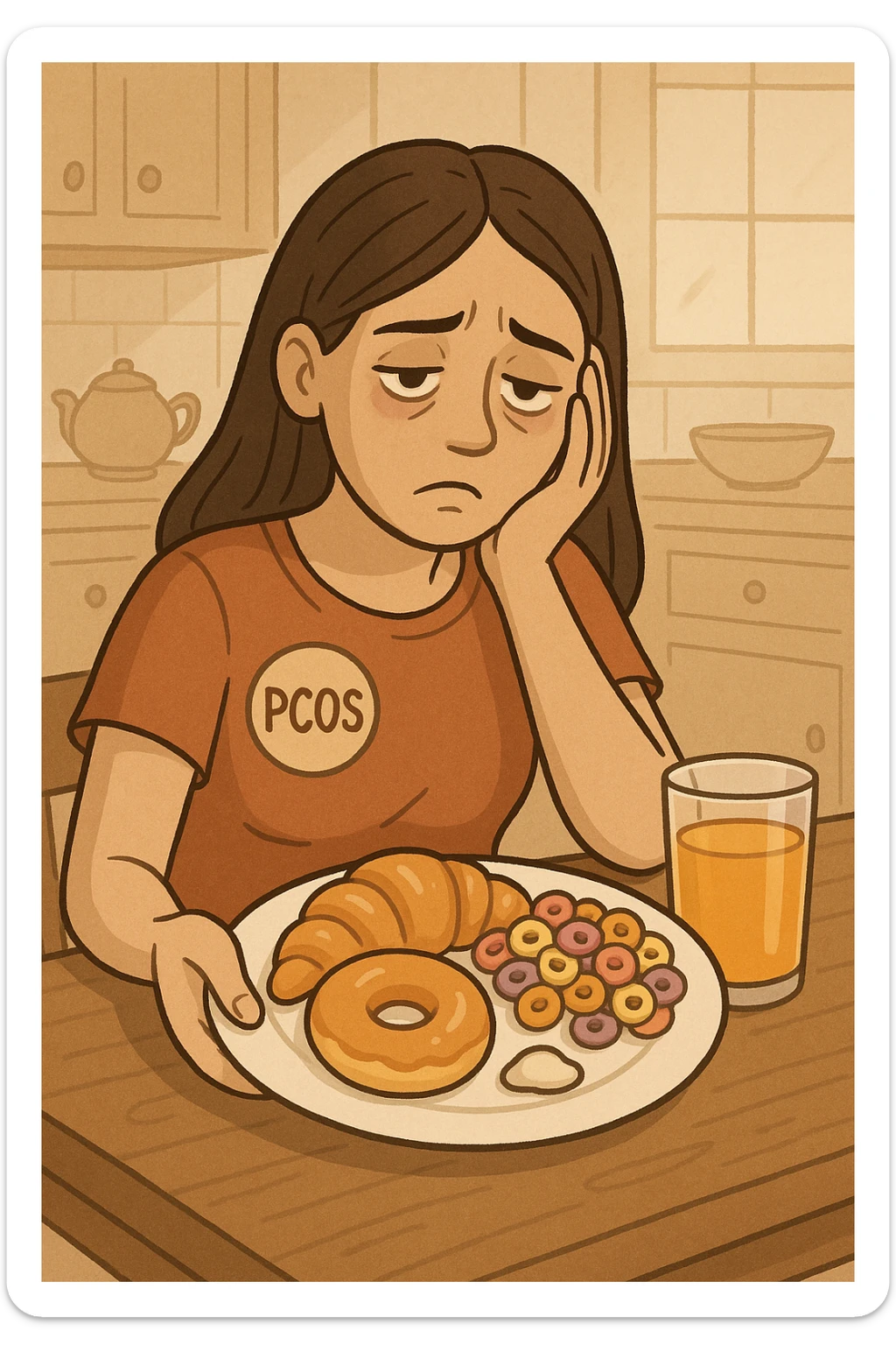 Donna con pcos, con colazione sbilanciata ricca di zuccheri e con poche proteine sticker