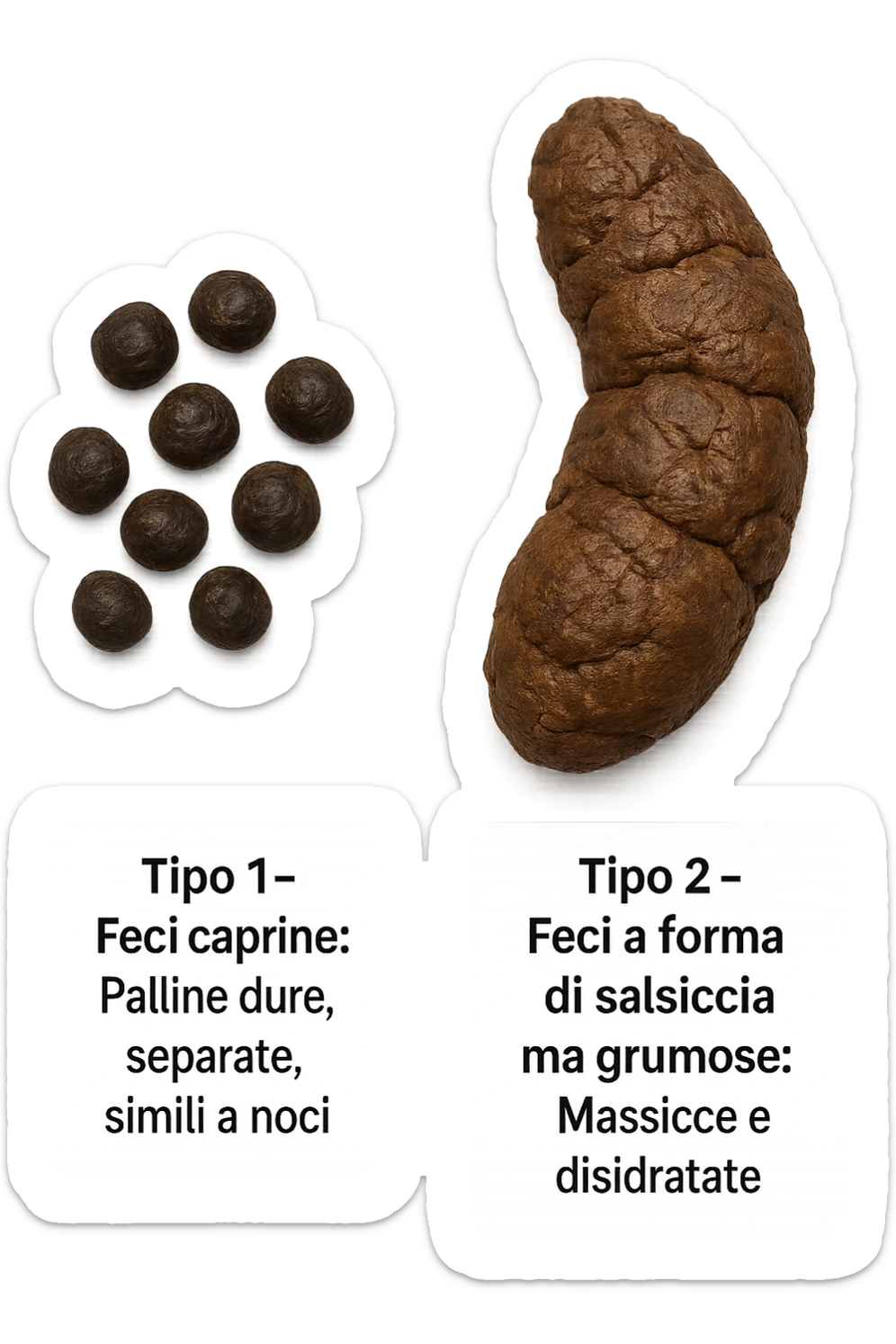 immagine di due tipi di feci iperrealistiche viste dall'alto con descrizione:
Tipo 1 – Feci caprine
Palline dure, separate, simili a noci

Tipo 2 – Feci a forma di salsiccia ma grumose
Massicce e disidratate.
 sticker